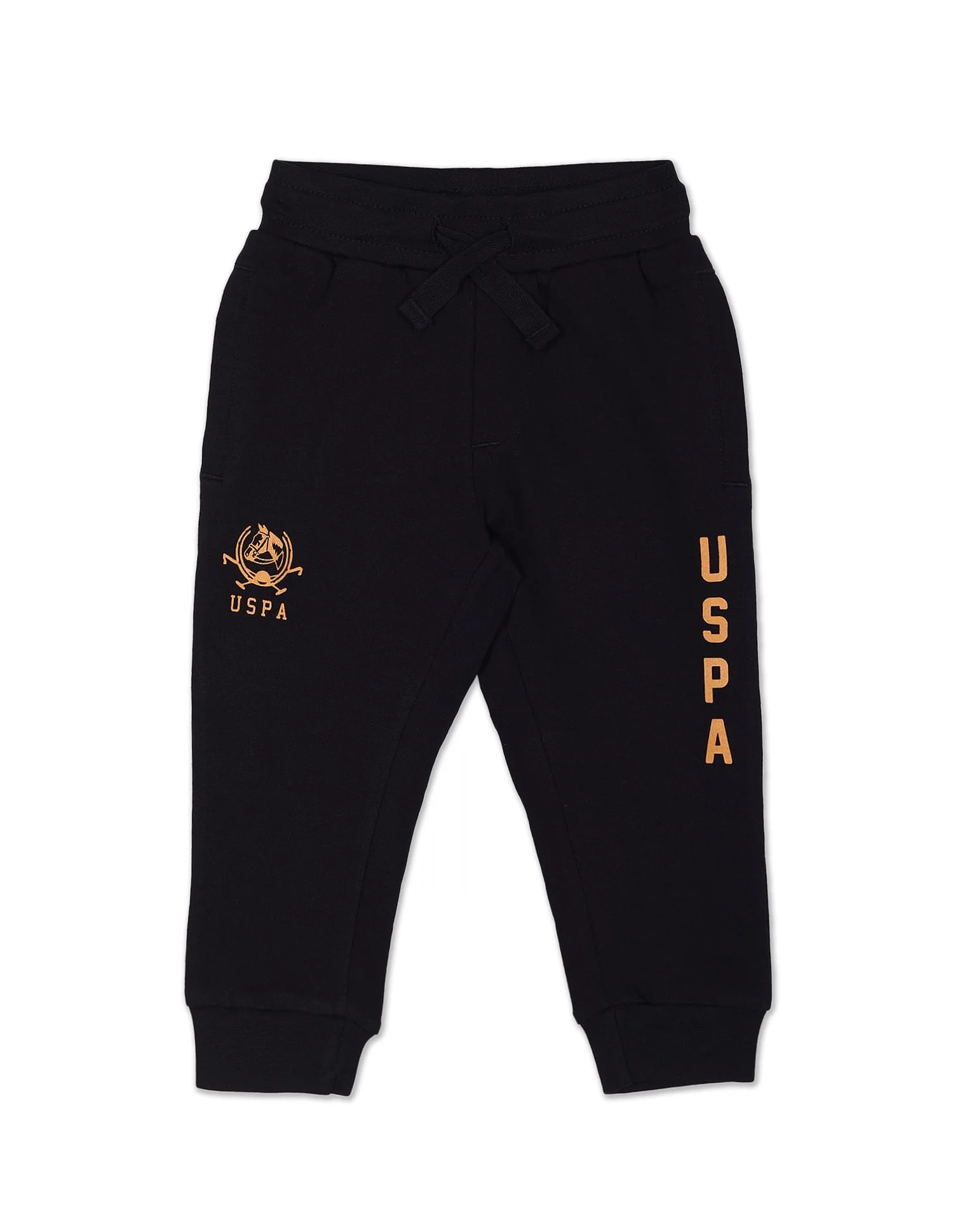 Boys Black Drawstring Waist Brand Print Joggers