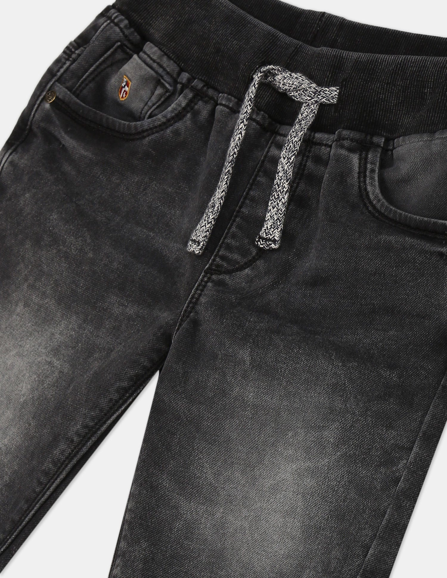 Boys Black Drawstring Waist Stone Wash Denim Shorts - Image 3