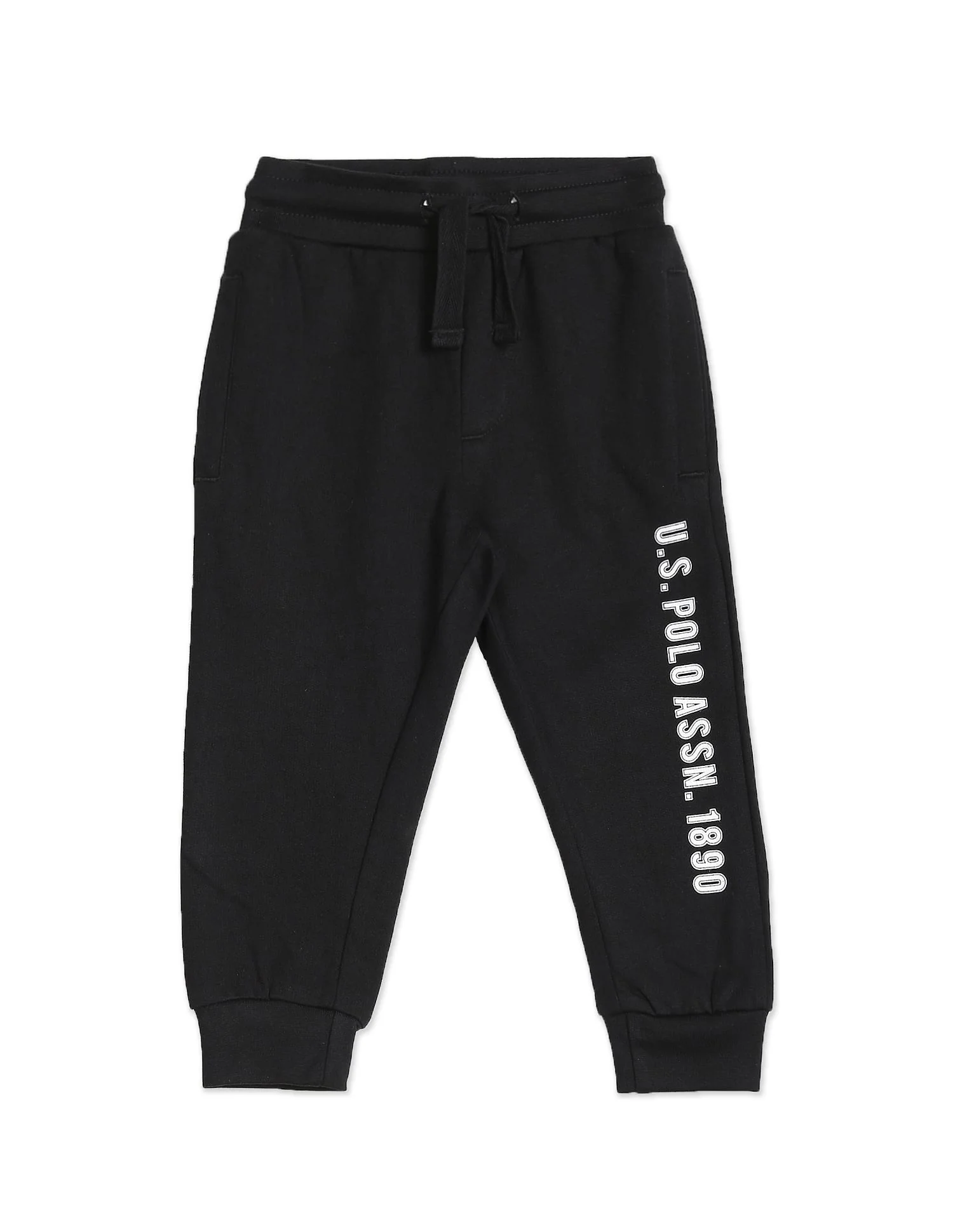 Boys Black Mid Rise Brand Print Cotton Joggers