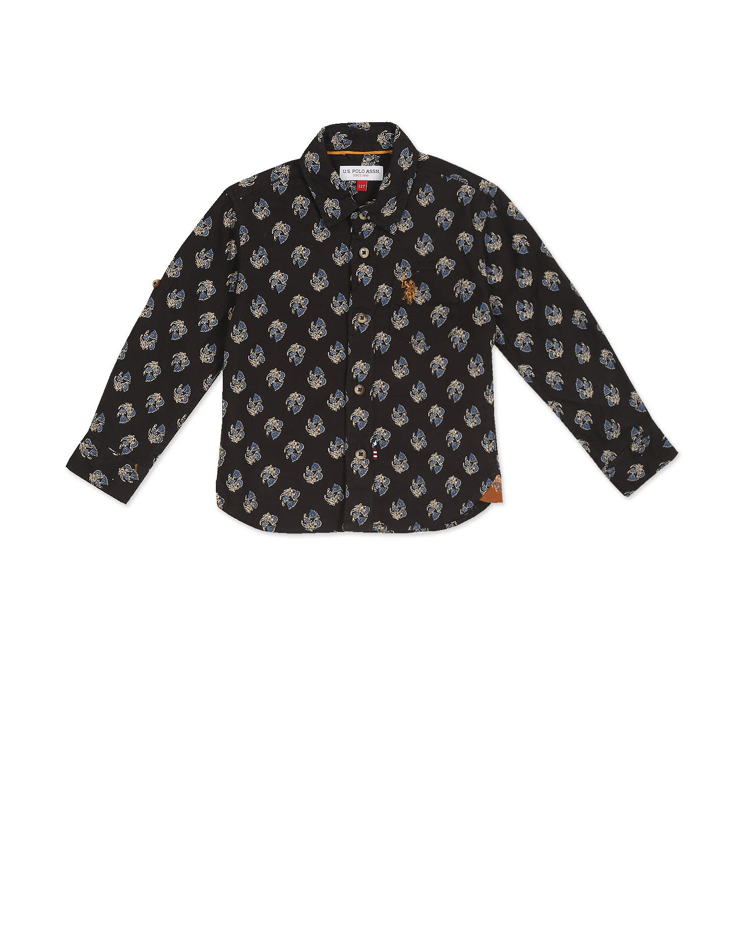 Boys Brown Spread Collar Printed Shirt