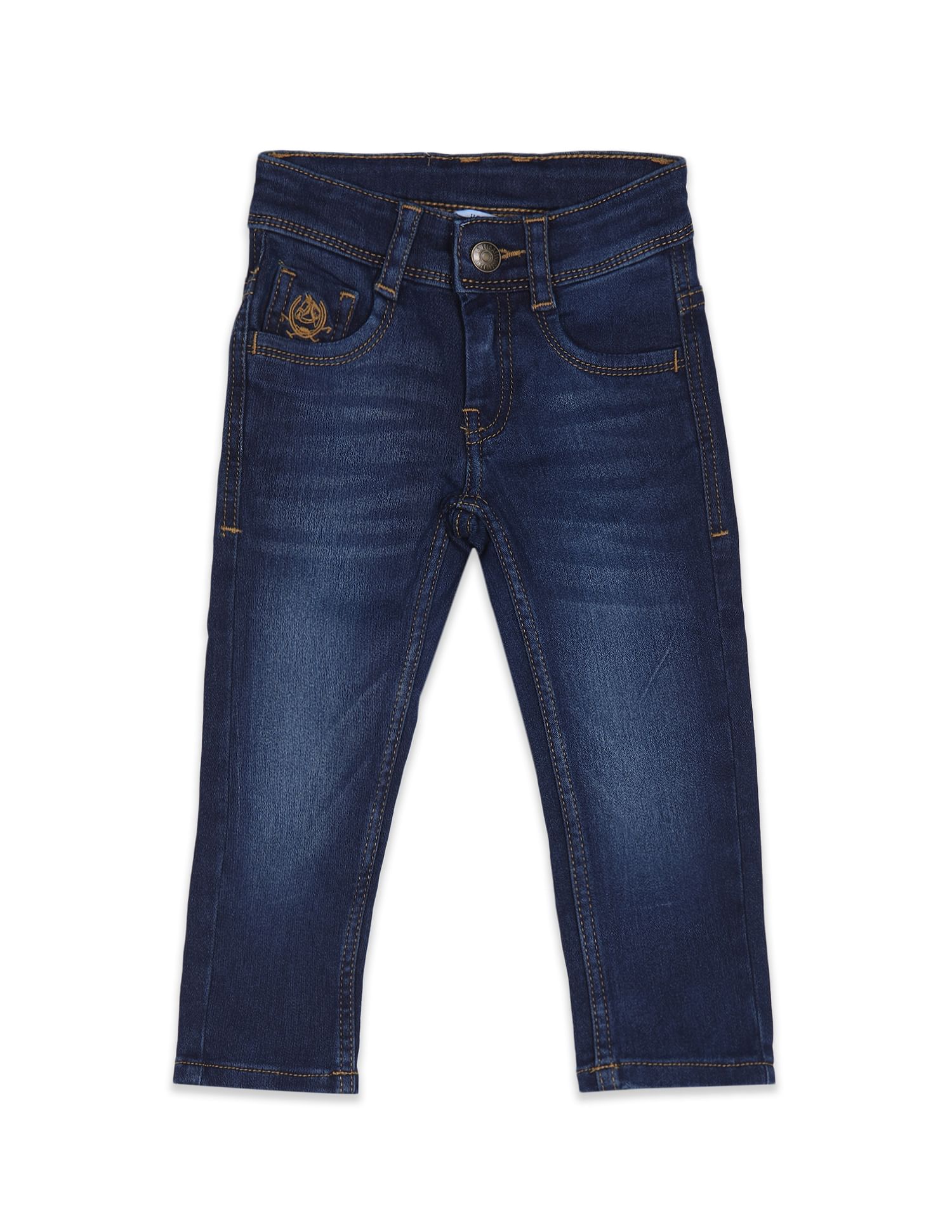 Boys Dark Blue Mid Rise Stone Wash Jeans