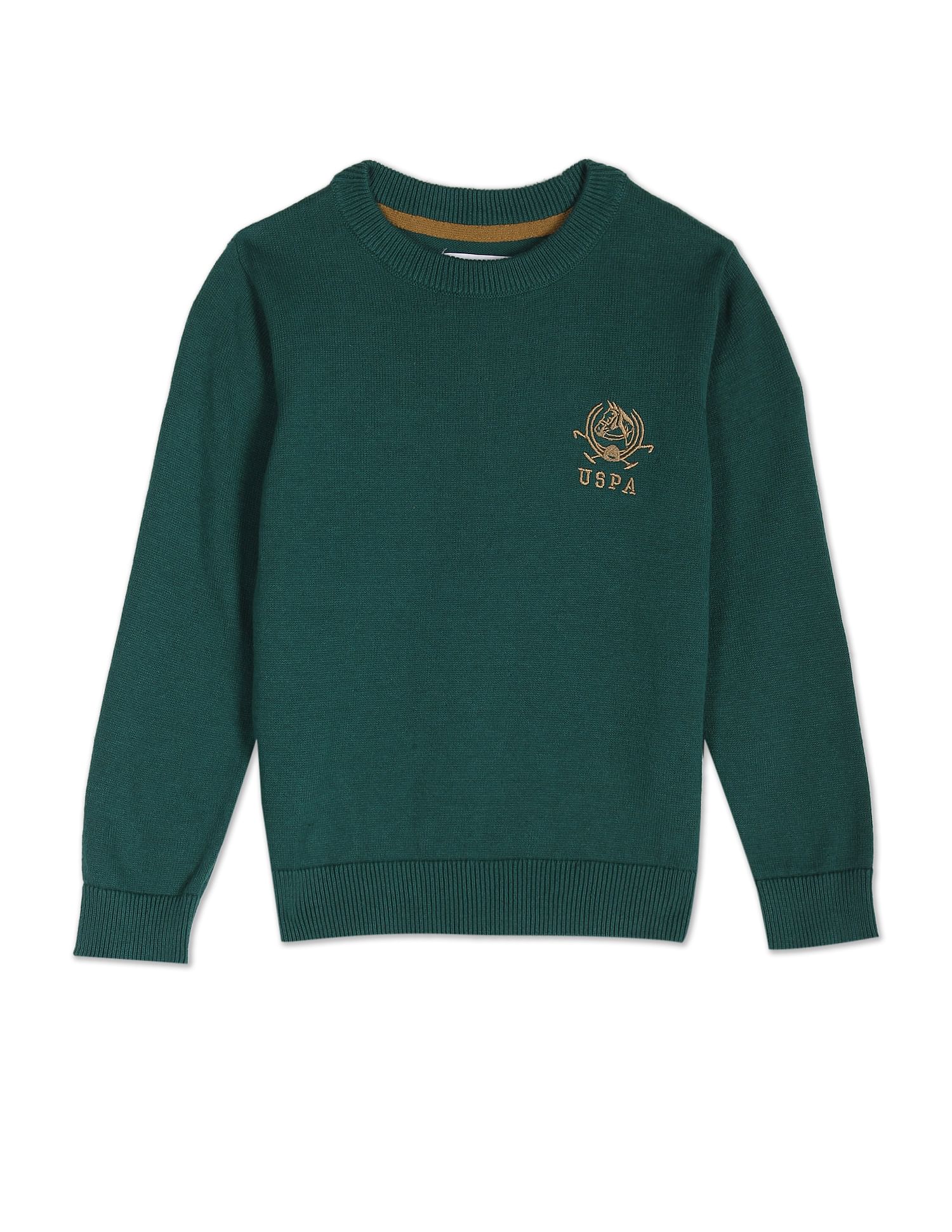 Boys Dark Green Solid Crew Neck Sweater