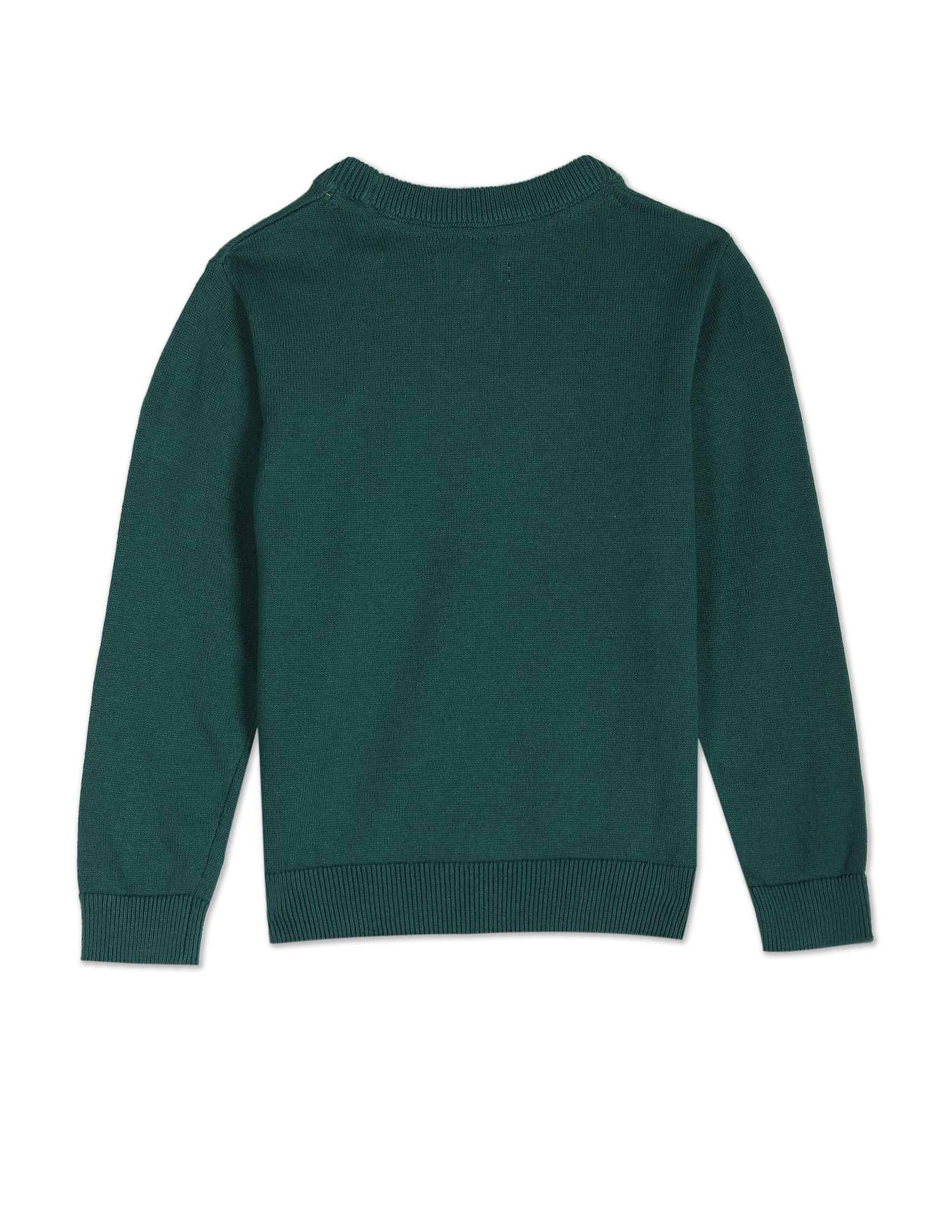 Boys Dark Green Solid Crew Neck Sweater - Image 2