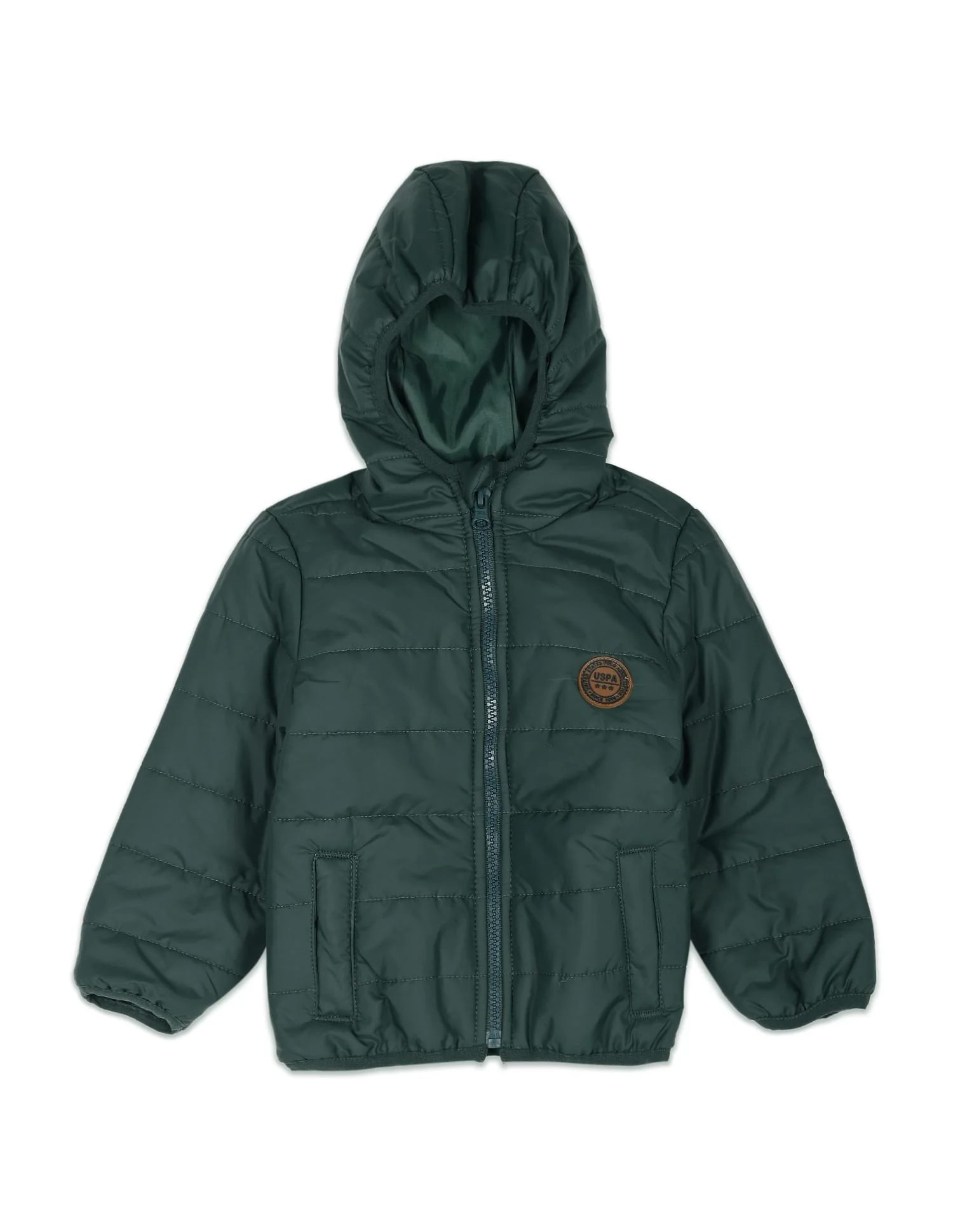 Boys Dark Green Solid Hooded Puffer Jacket