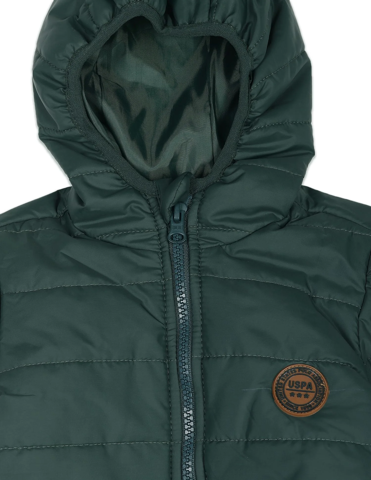 Boys Dark Green Solid Hooded Puffer Jacket - Image 3