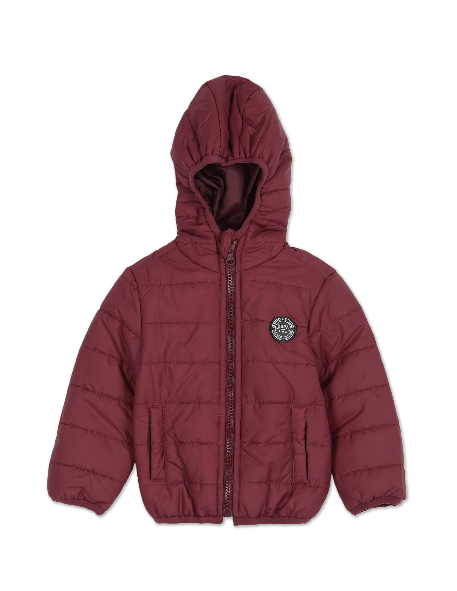 Boys Maroon Hooded Solid Puffer Jacket