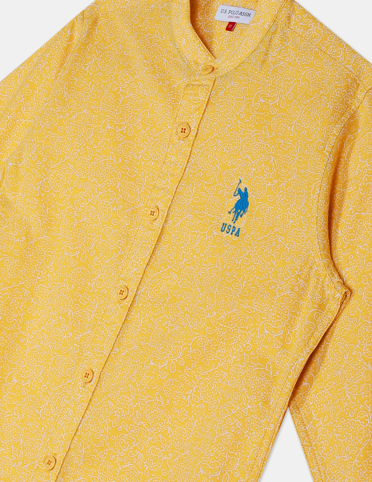 Boys Mustard Mandarin Collar Print Shirt - Image 3