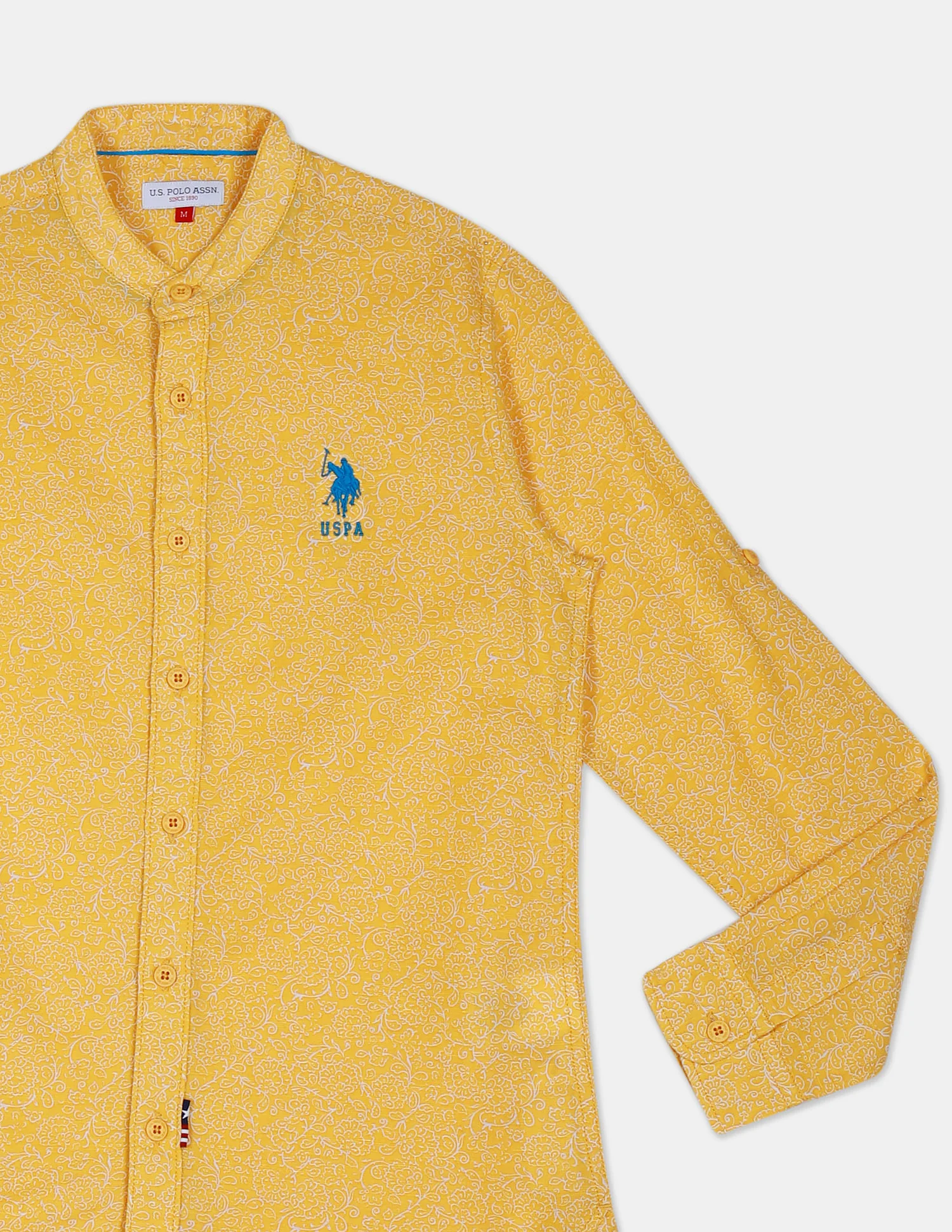 Boys Mustard Mandarin Collar Print Shirt - Image 4