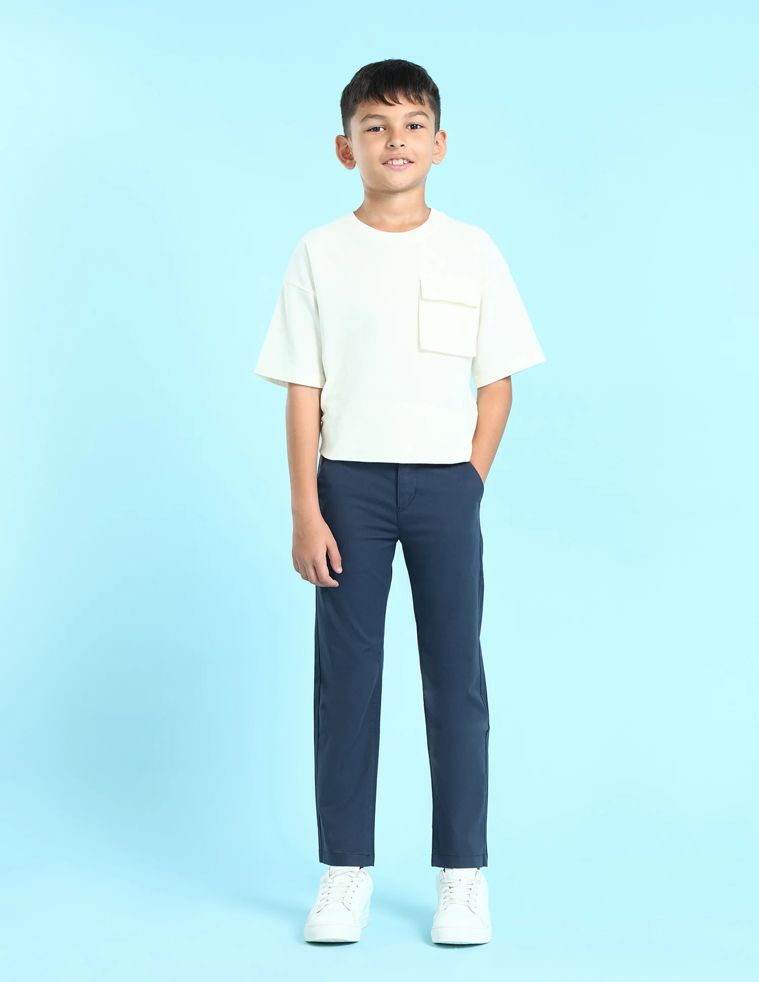 Boys Navy Mid Rise Solid Twill Trousers - Image 3