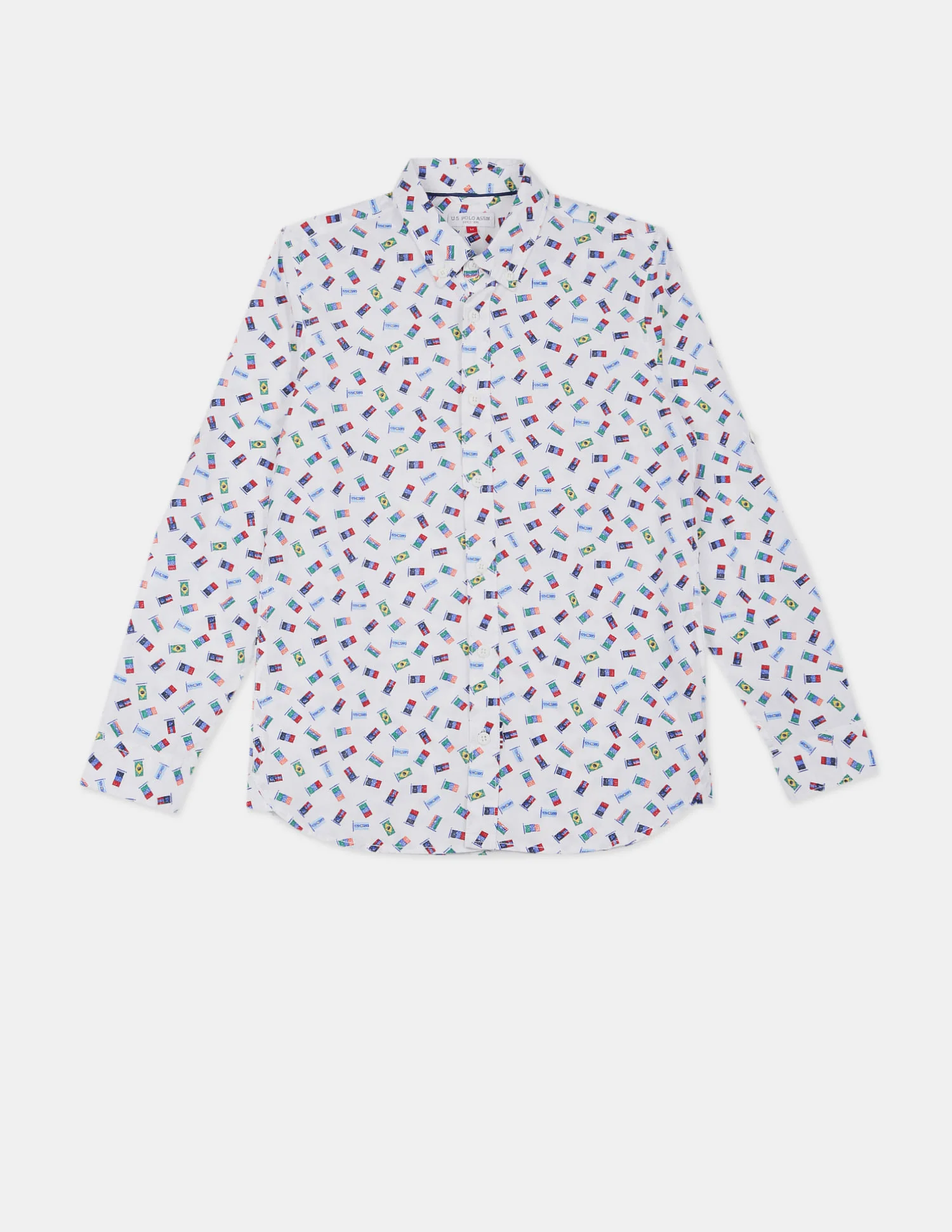Boys White Button Down Collar Printed Shirt