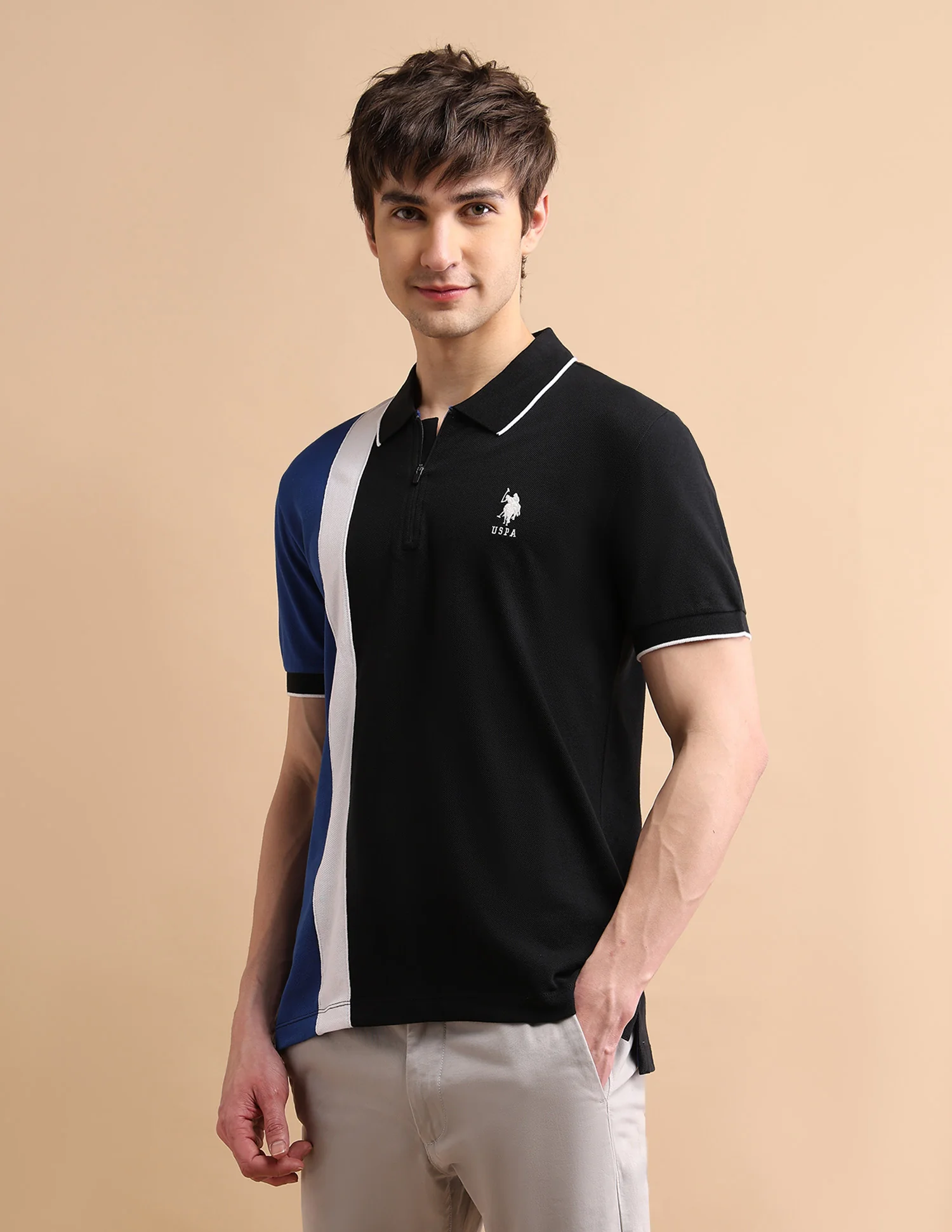Colour Block Zipper Polo Shirt - Image 4