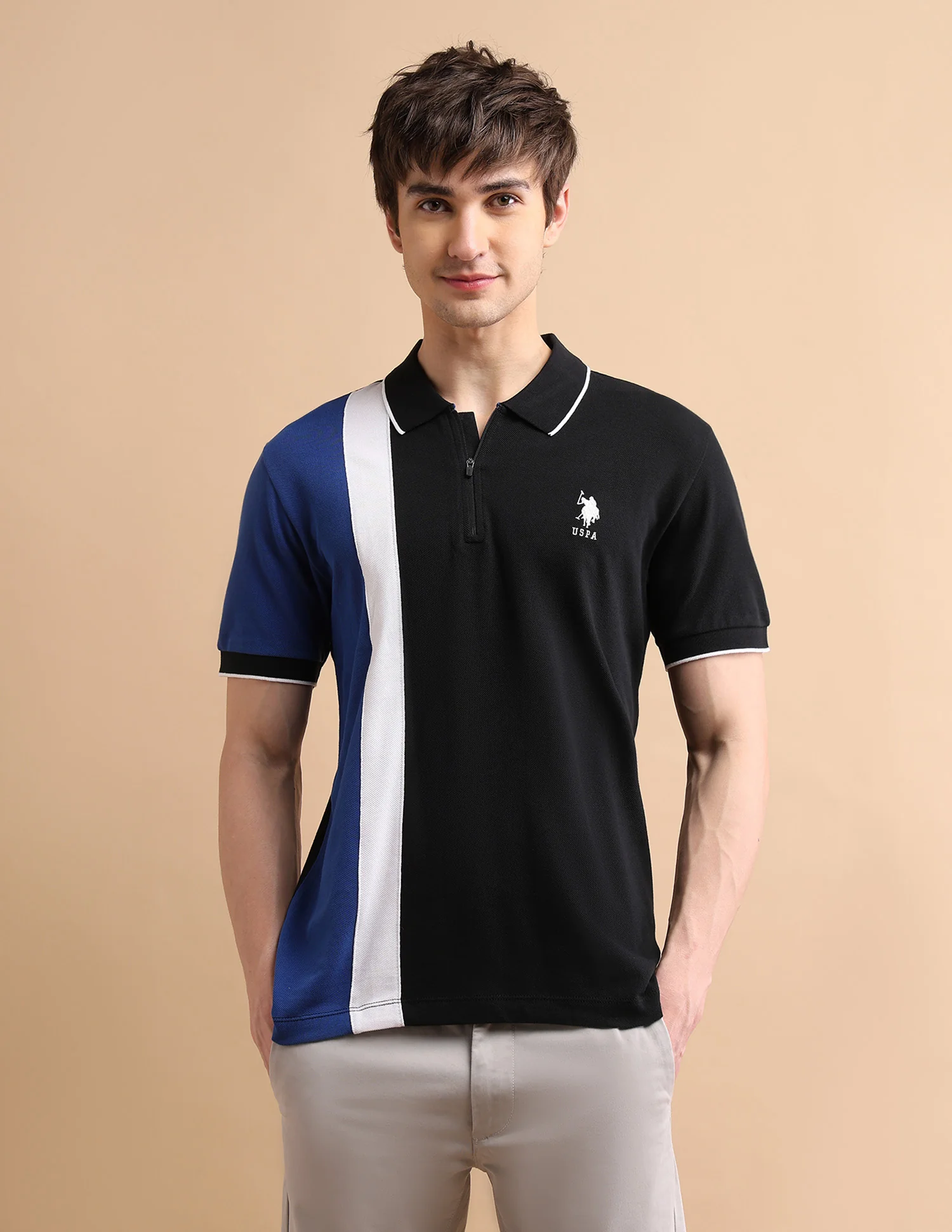 Colour Block Zipper Polo Shirt - Image 6