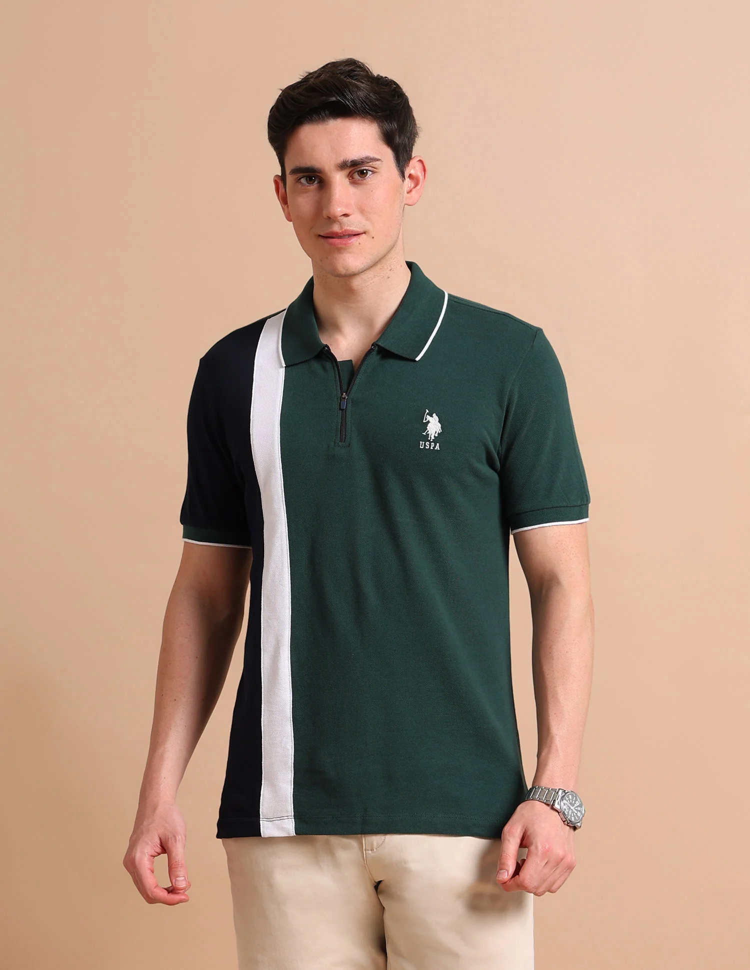 Colour Block Zipper Polo Shirt