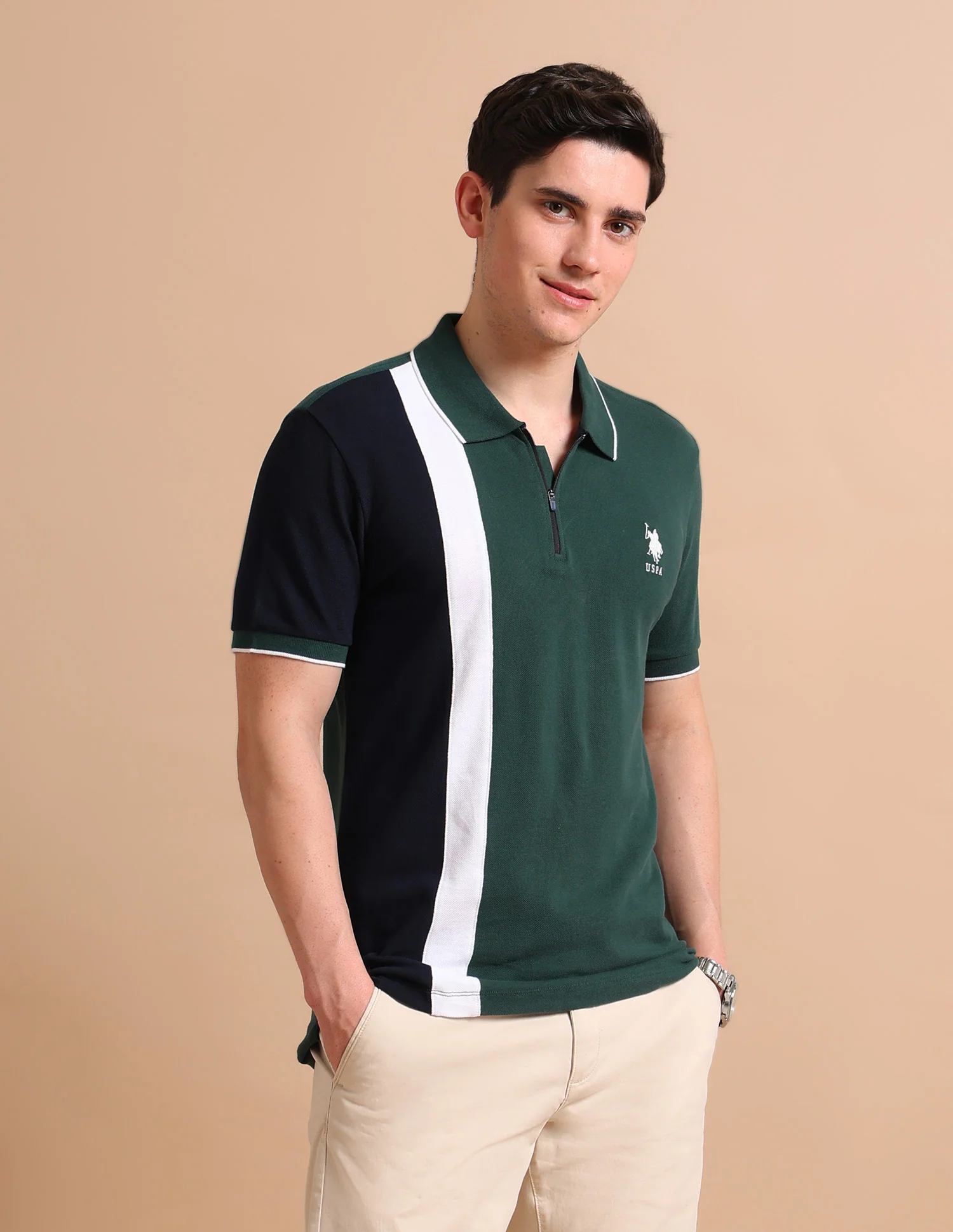 Colour Block Zipper Polo Shirt - Image 4