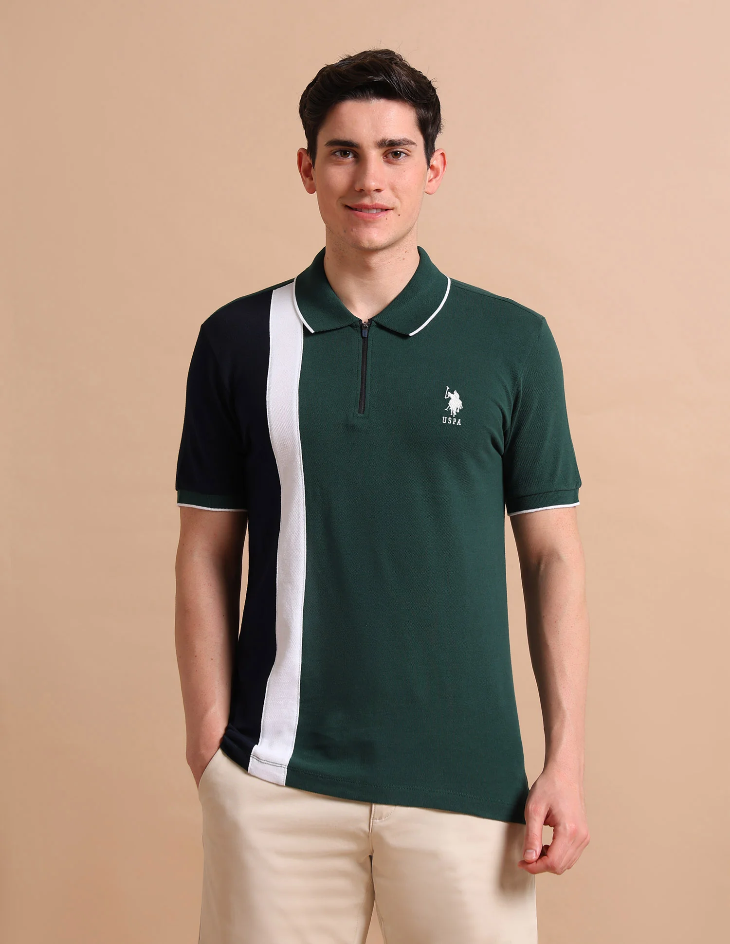 Colour Block Zipper Polo Shirt - Image 6