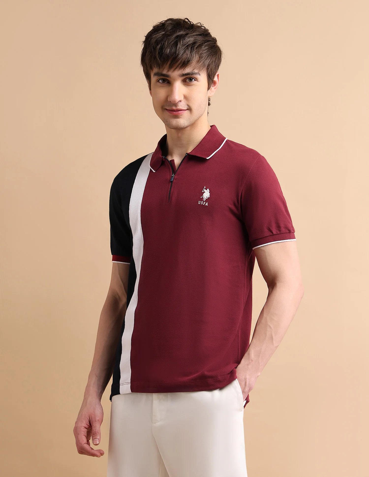Colour Block Zipper Polo Shirt - Image 4