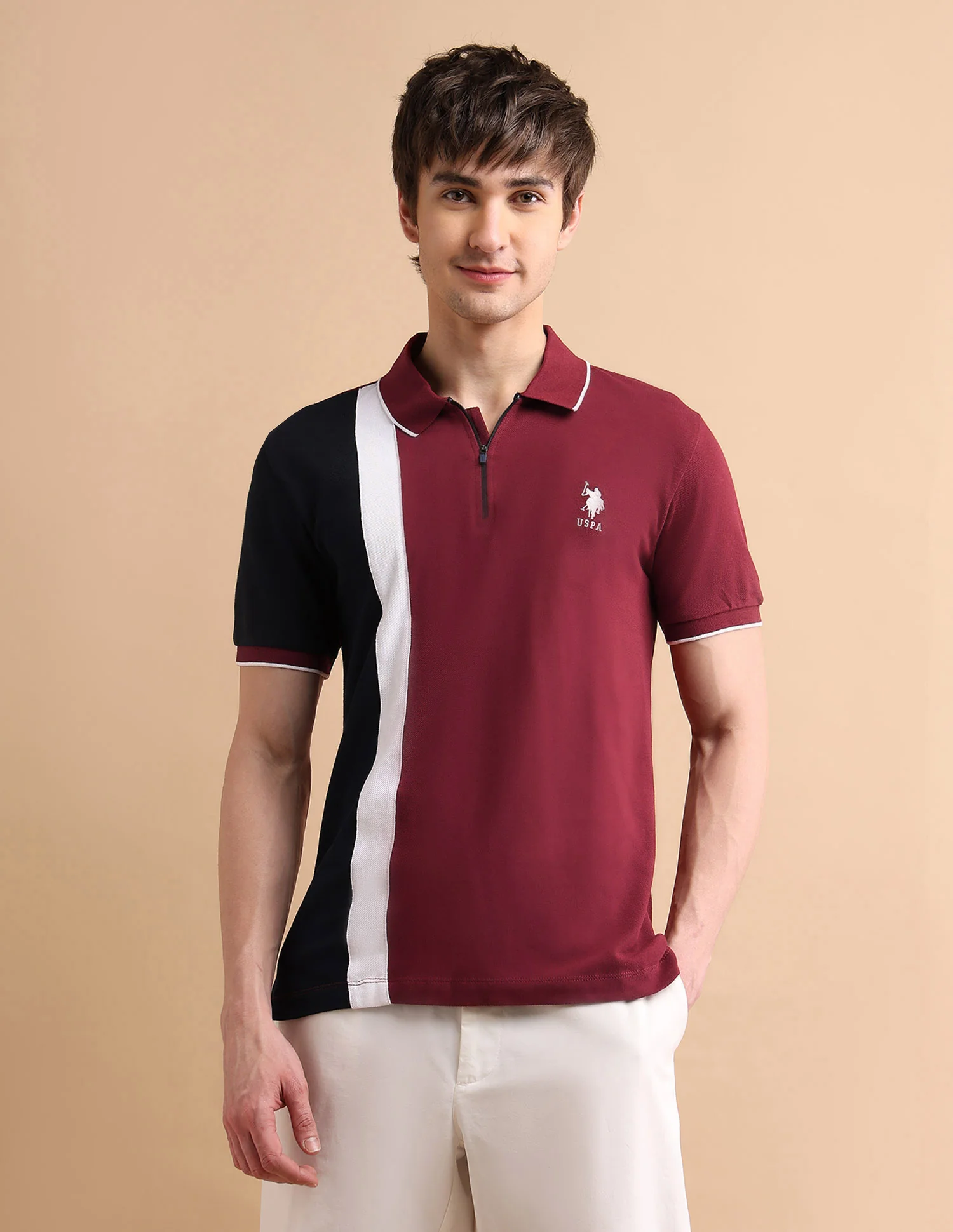 Colour Block Zipper Polo Shirt - Image 6