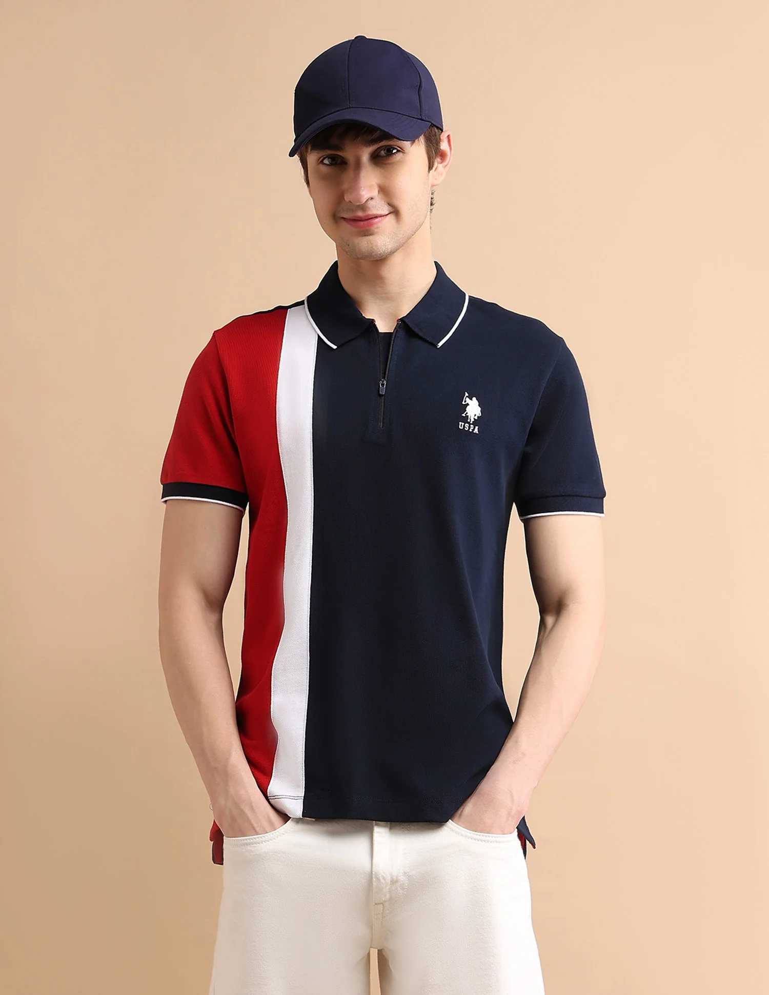 Colour Block Zipper Polo Shirt