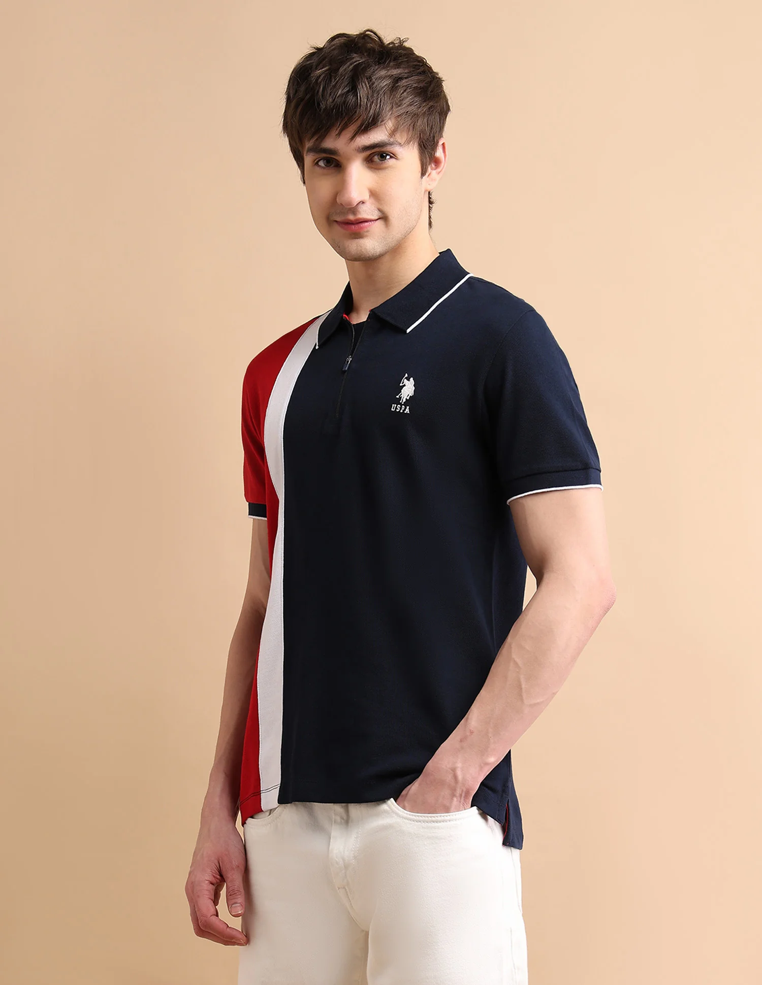 Colour Block Zipper Polo Shirt - Image 4