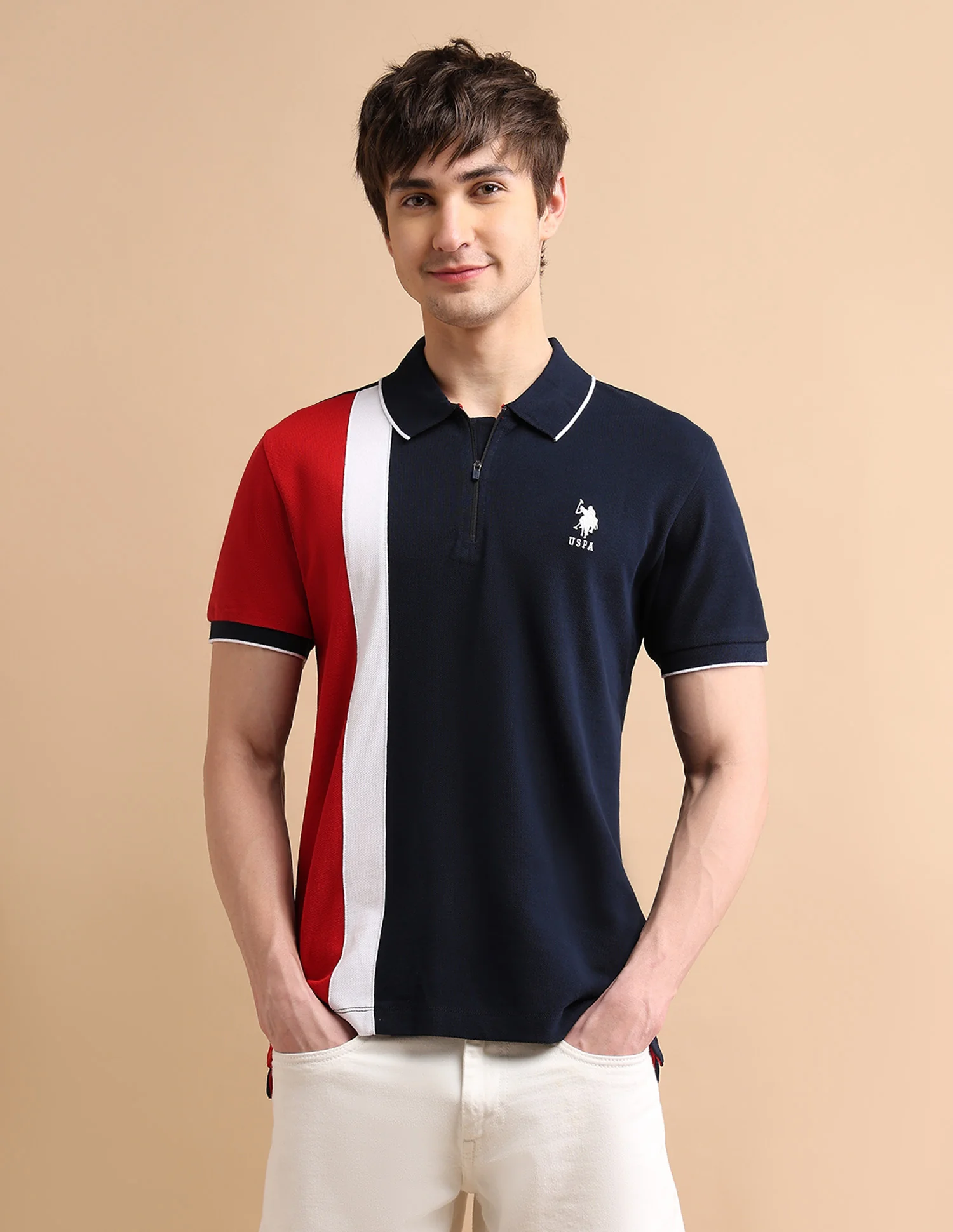 Colour Block Zipper Polo Shirt - Image 6