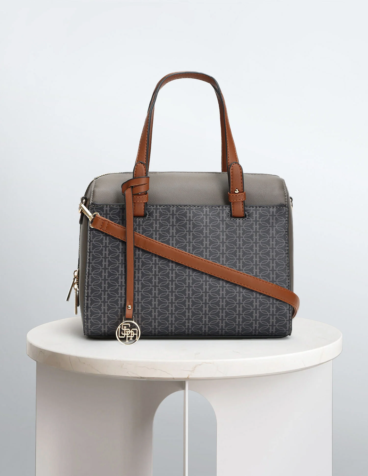 Contrast Detail Printed Bowler Handbag