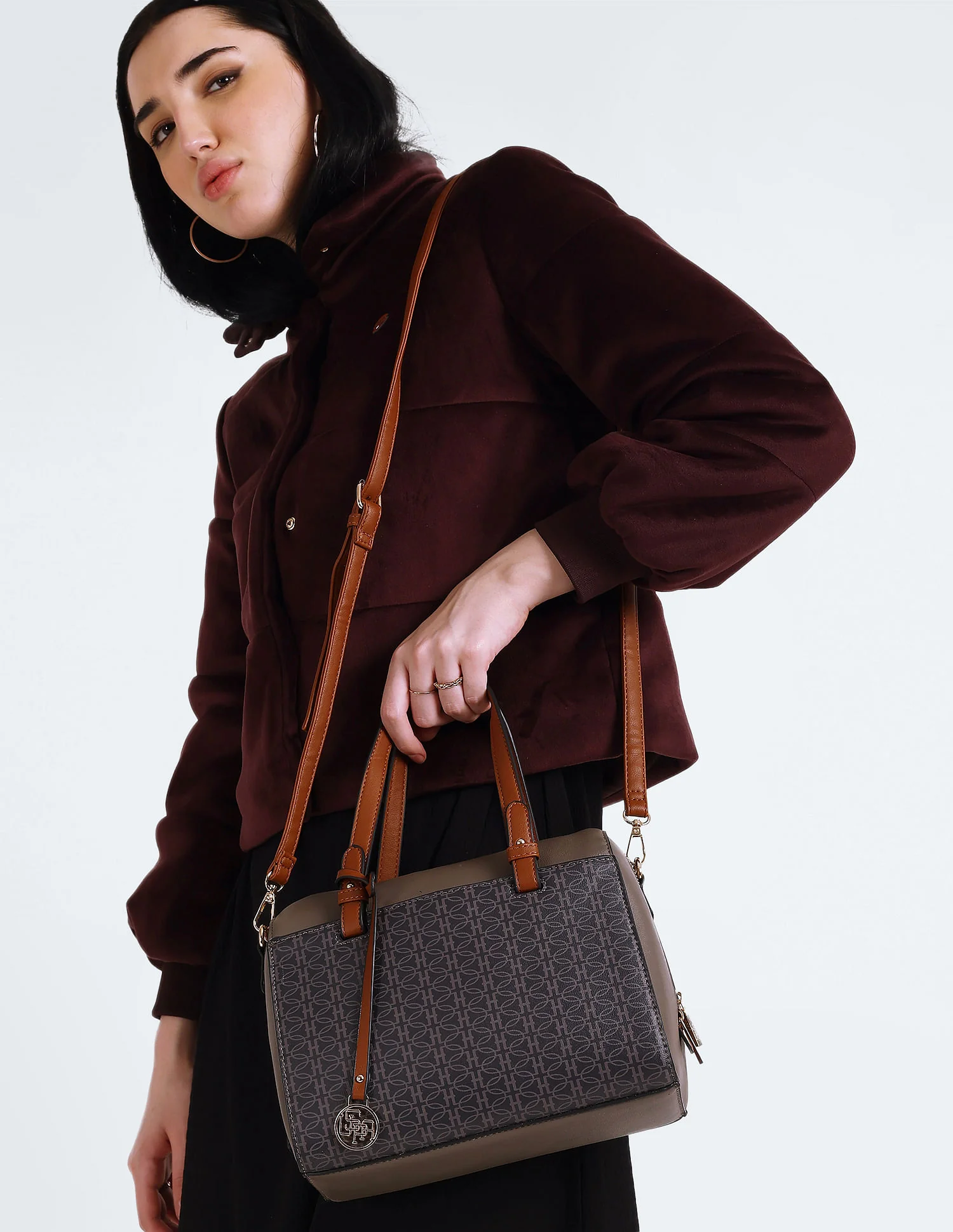 Contrast Detail Printed Bowler Handbag - Image 2