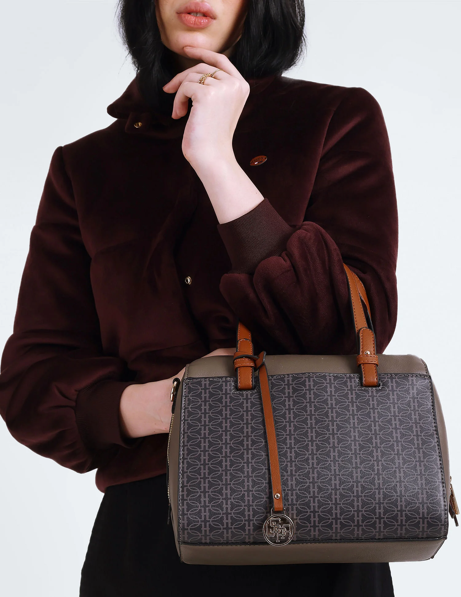 Contrast Detail Printed Bowler Handbag - Image 3