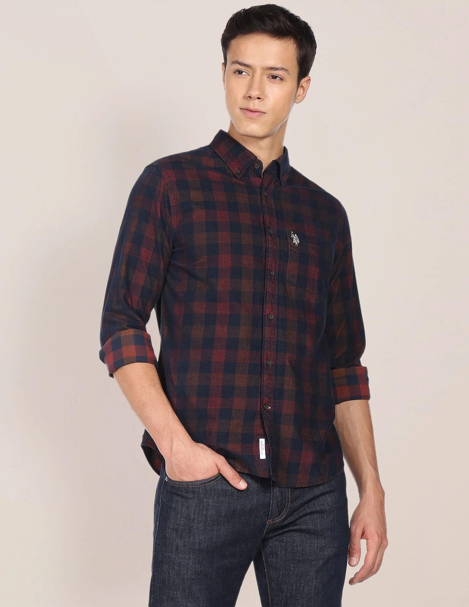 Corduroy Tartan Check Casual Shirt