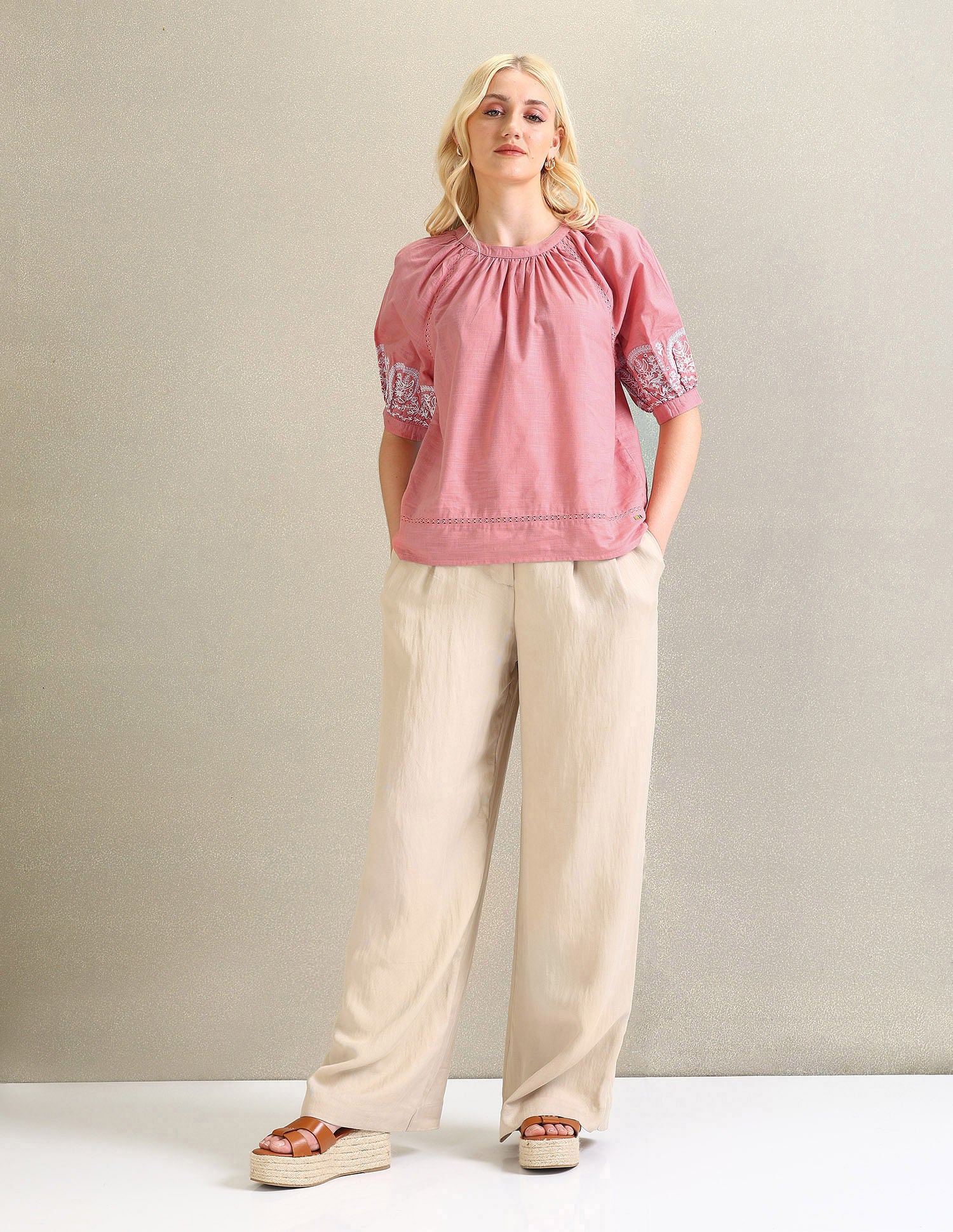 Embroidered Sleeve Cotton Top - Image 3