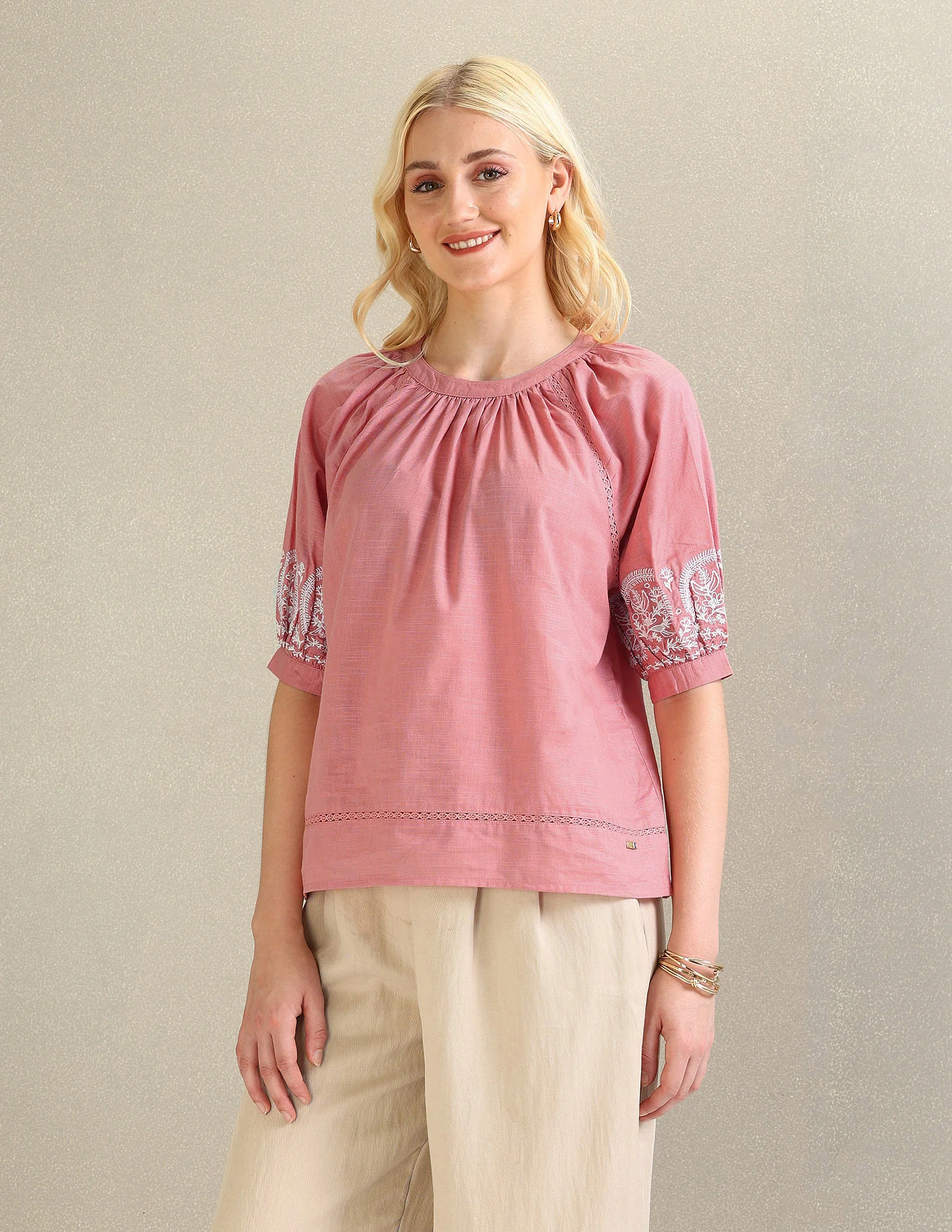 Embroidered Sleeve Cotton Top - Image 4