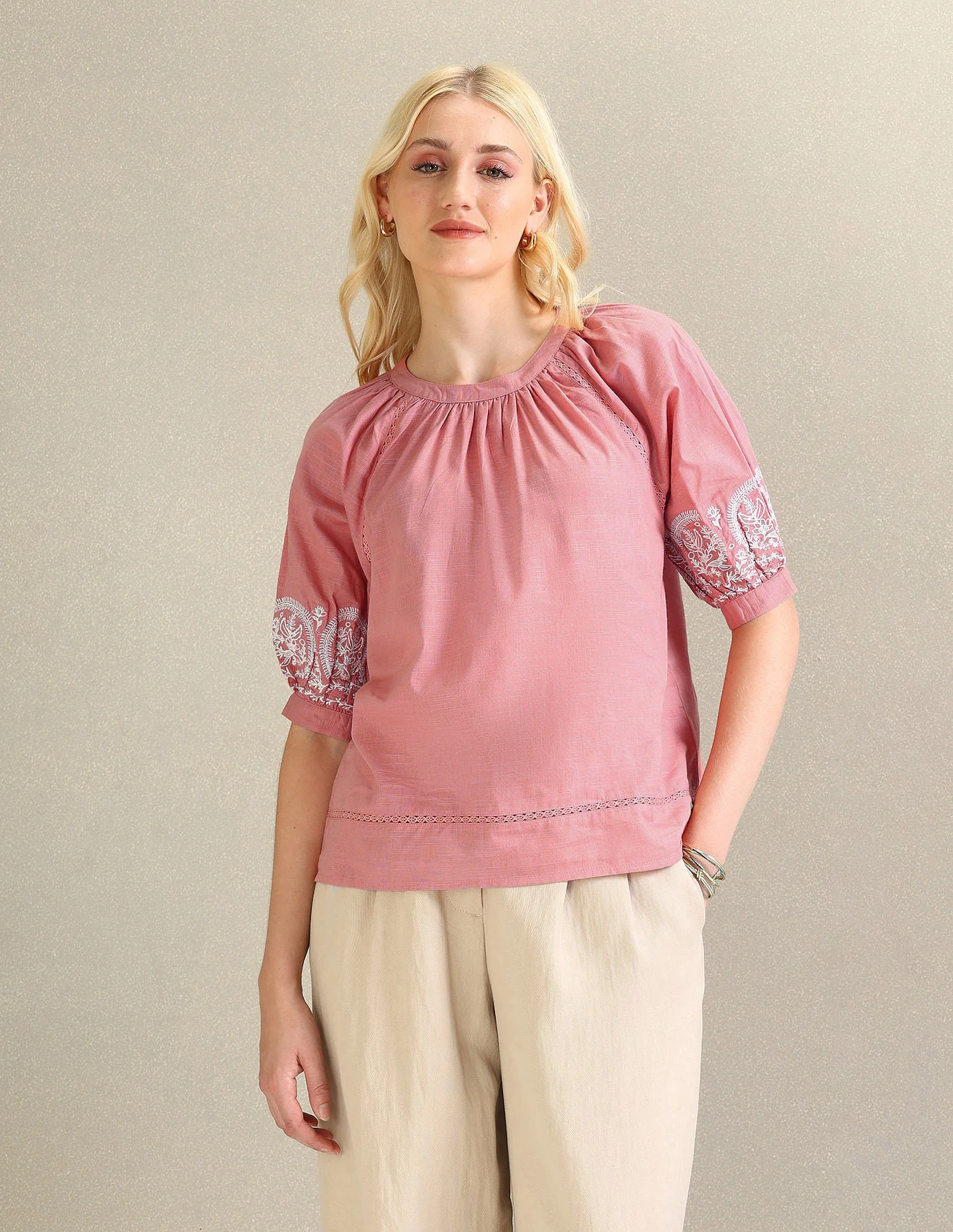 Embroidered Sleeve Cotton Top - Image 6