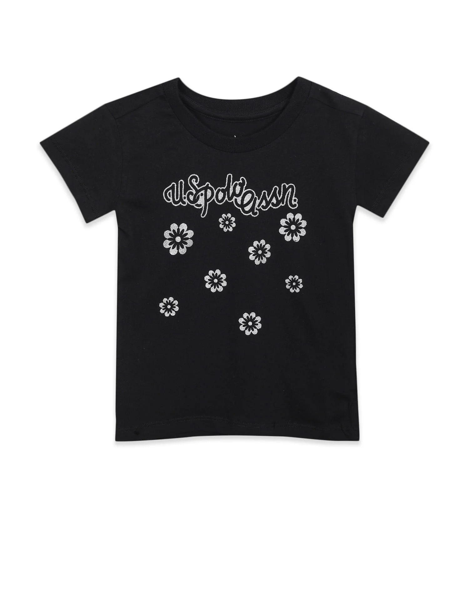 Girls Black Crew Neck Glitter Print T-Shirt