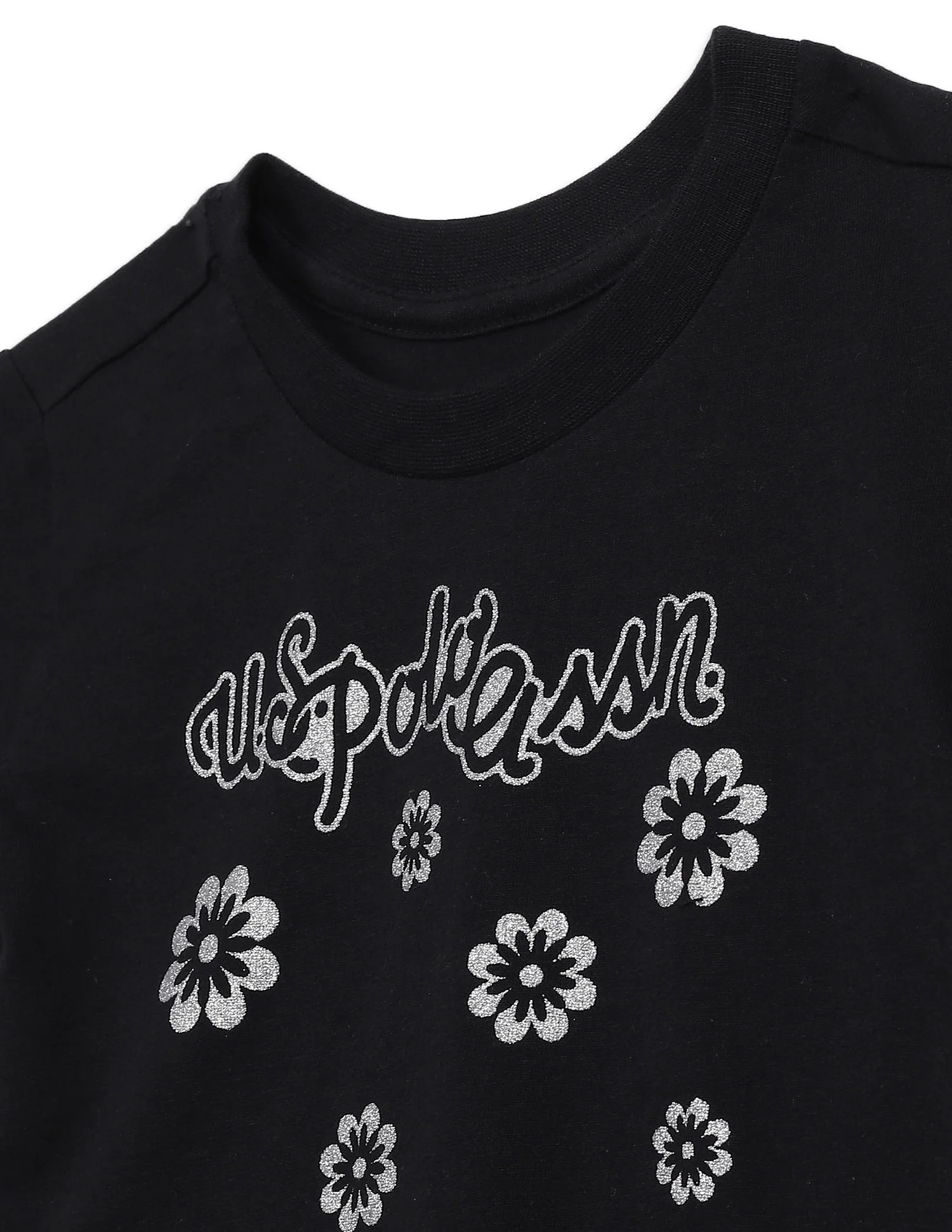 Girls Black Crew Neck Glitter Print T-Shirt - Image 3