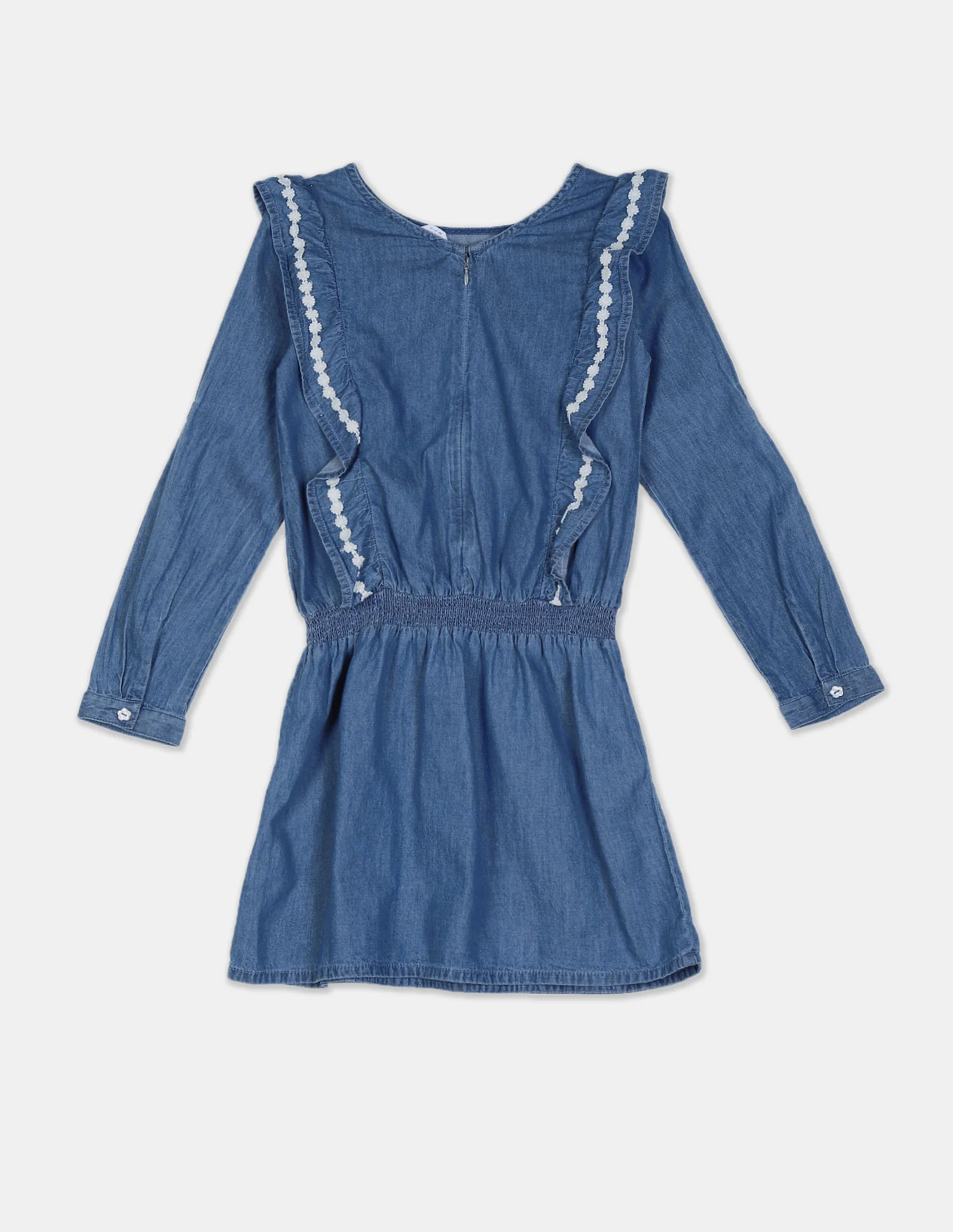Girls Blue Ruffle Accent Washed Denim Dress - Image 2