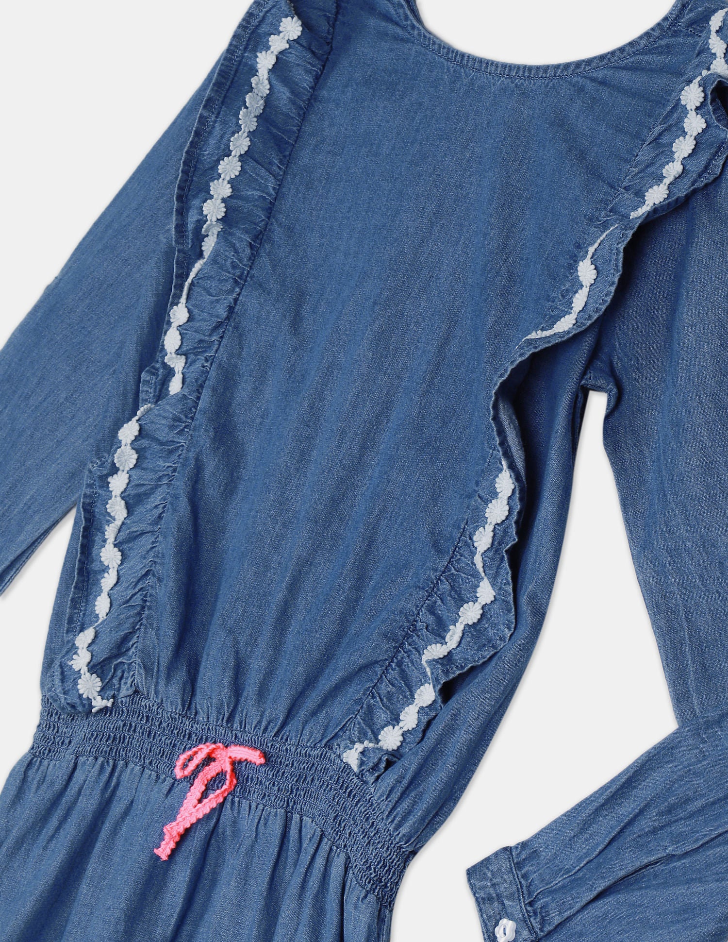 Girls Blue Ruffle Accent Washed Denim Dress - Image 3