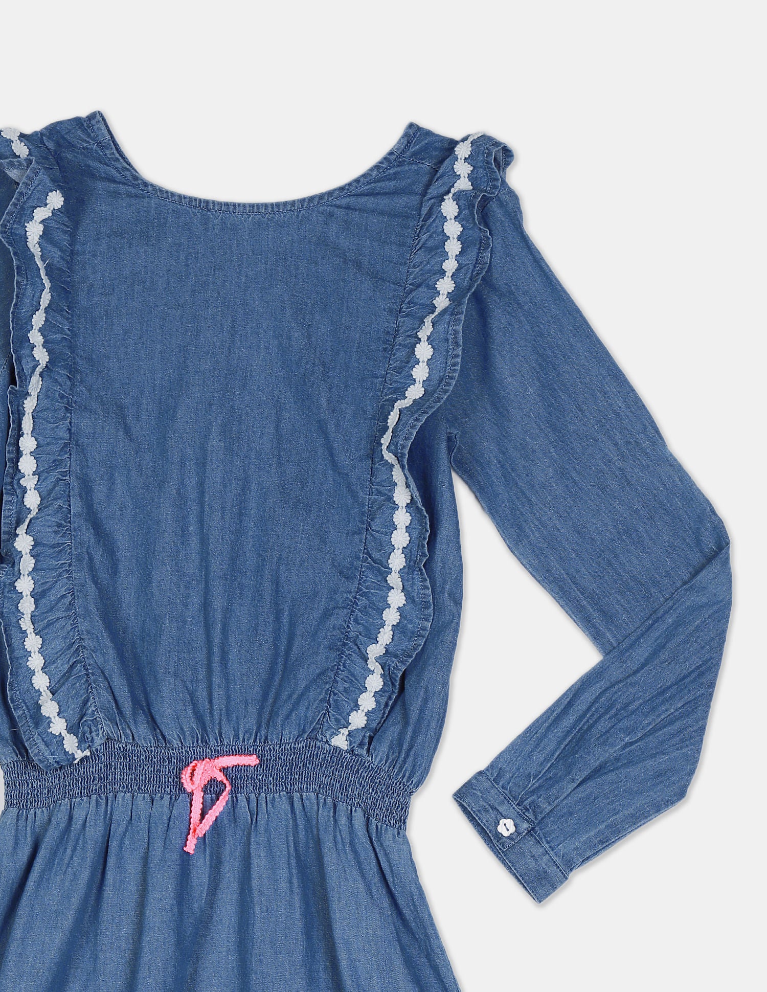 Girls Blue Ruffle Accent Washed Denim Dress - Image 4
