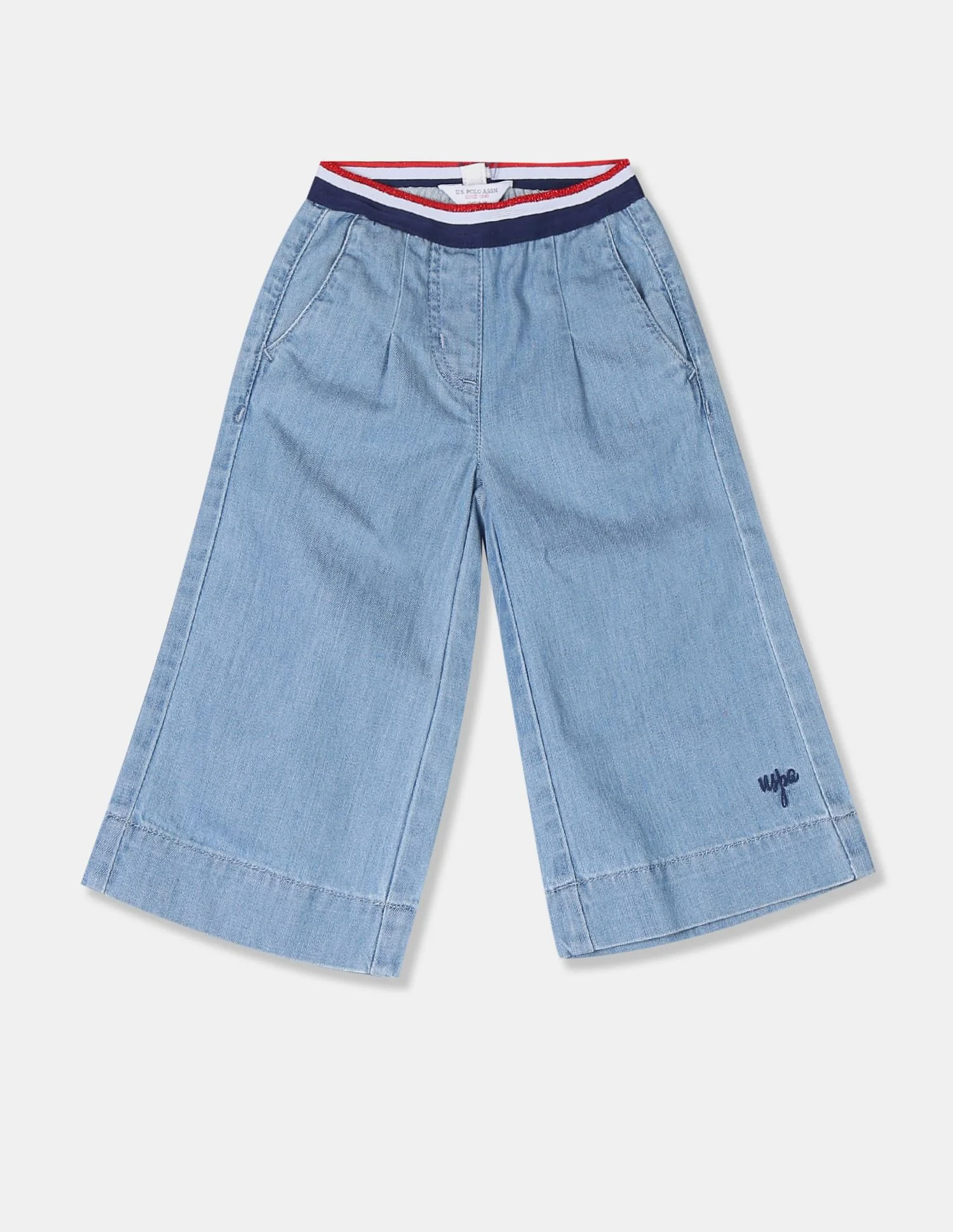 Girls Blue Striped Waistband Denim Culottes