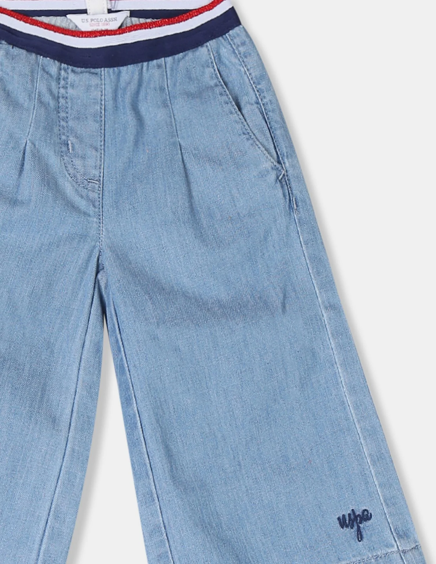 Girls Blue Striped Waistband Denim Culottes - Image 3