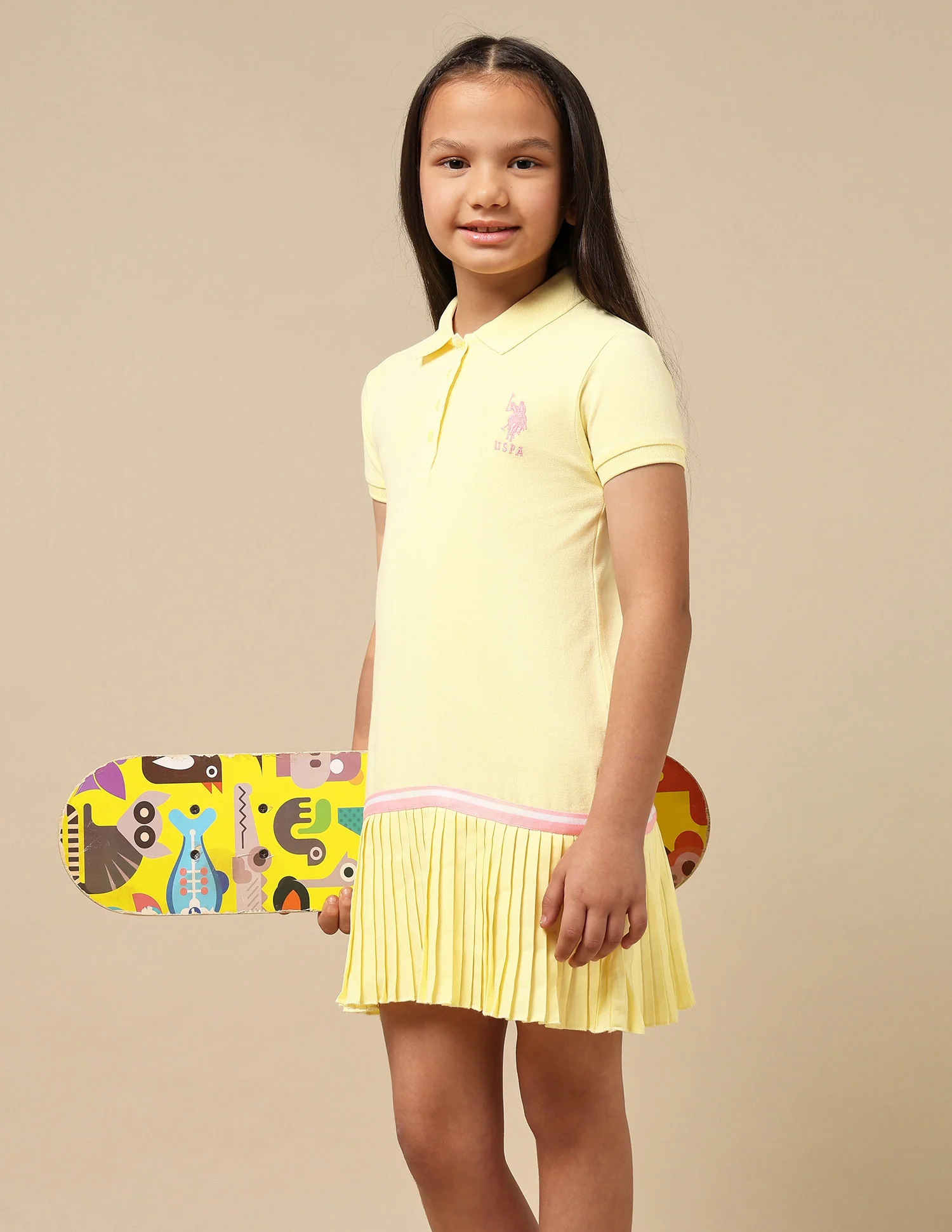 Girls Flared Hem Solid Polo Dress