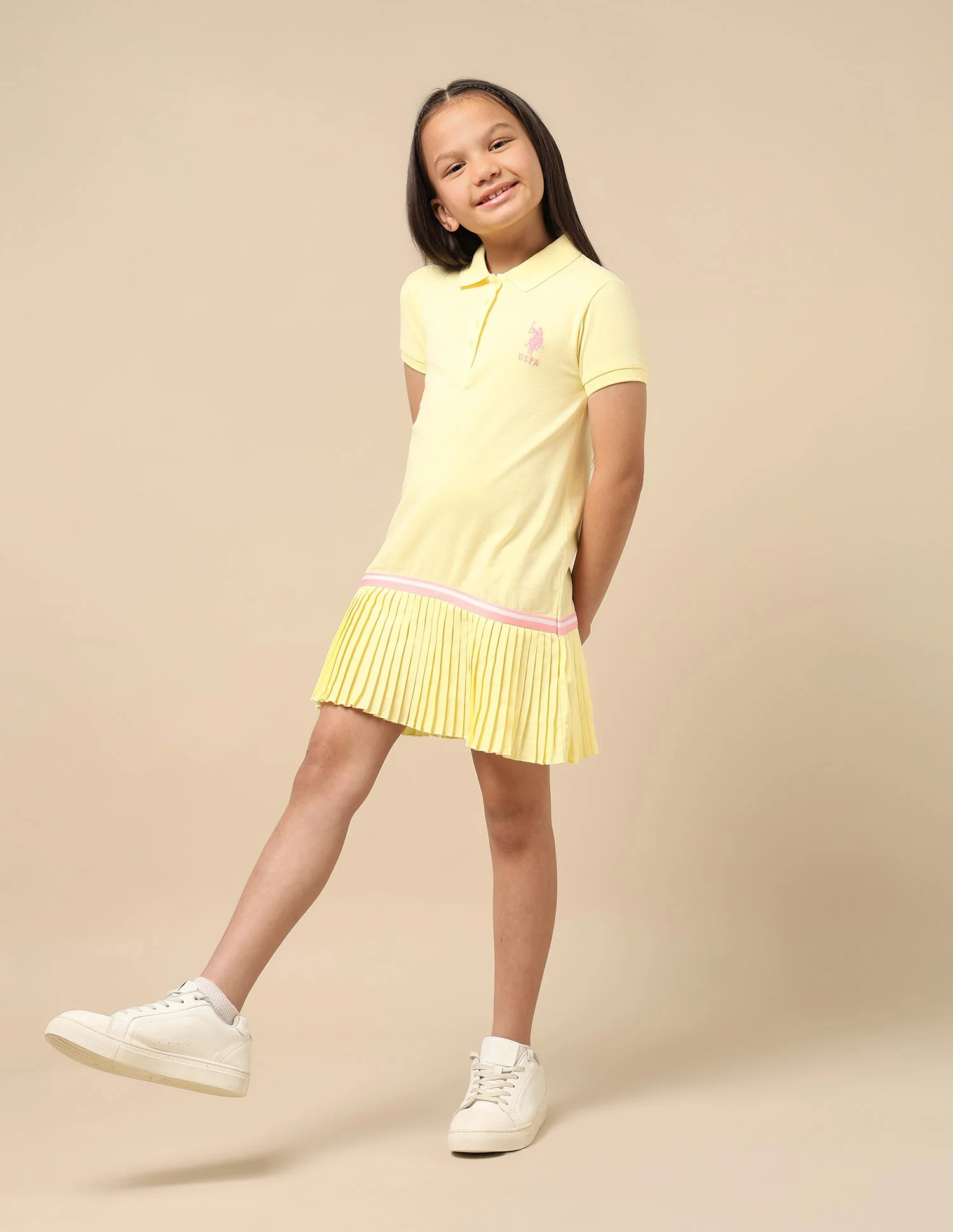 Girls Flared Hem Solid Polo Dress - Image 3