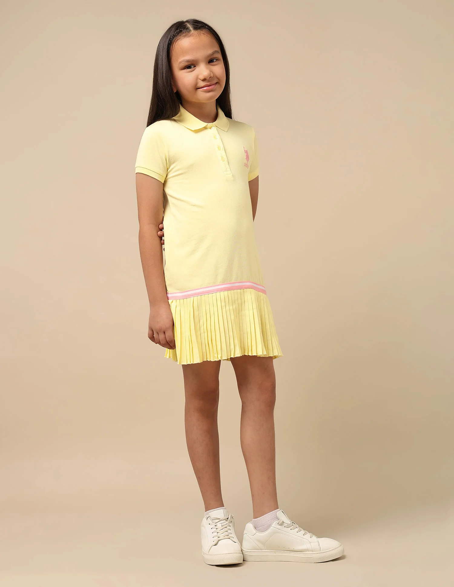 Girls Flared Hem Solid Polo Dress - Image 4
