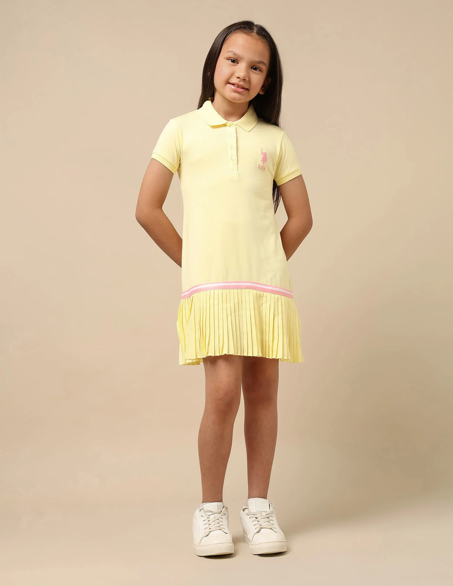 Girls Flared Hem Solid Polo Dress - Image 6