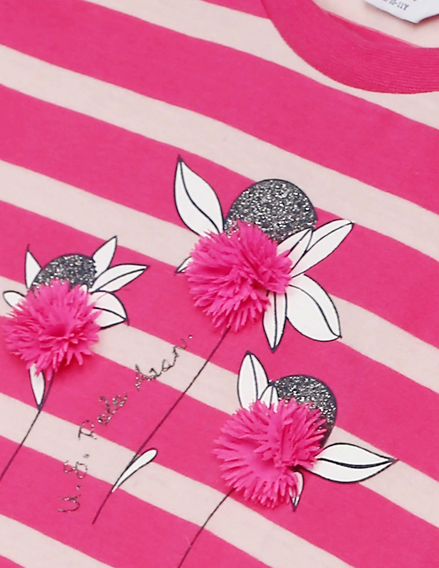Girls Pink Round Neck Striped T-Shirt - Image 3