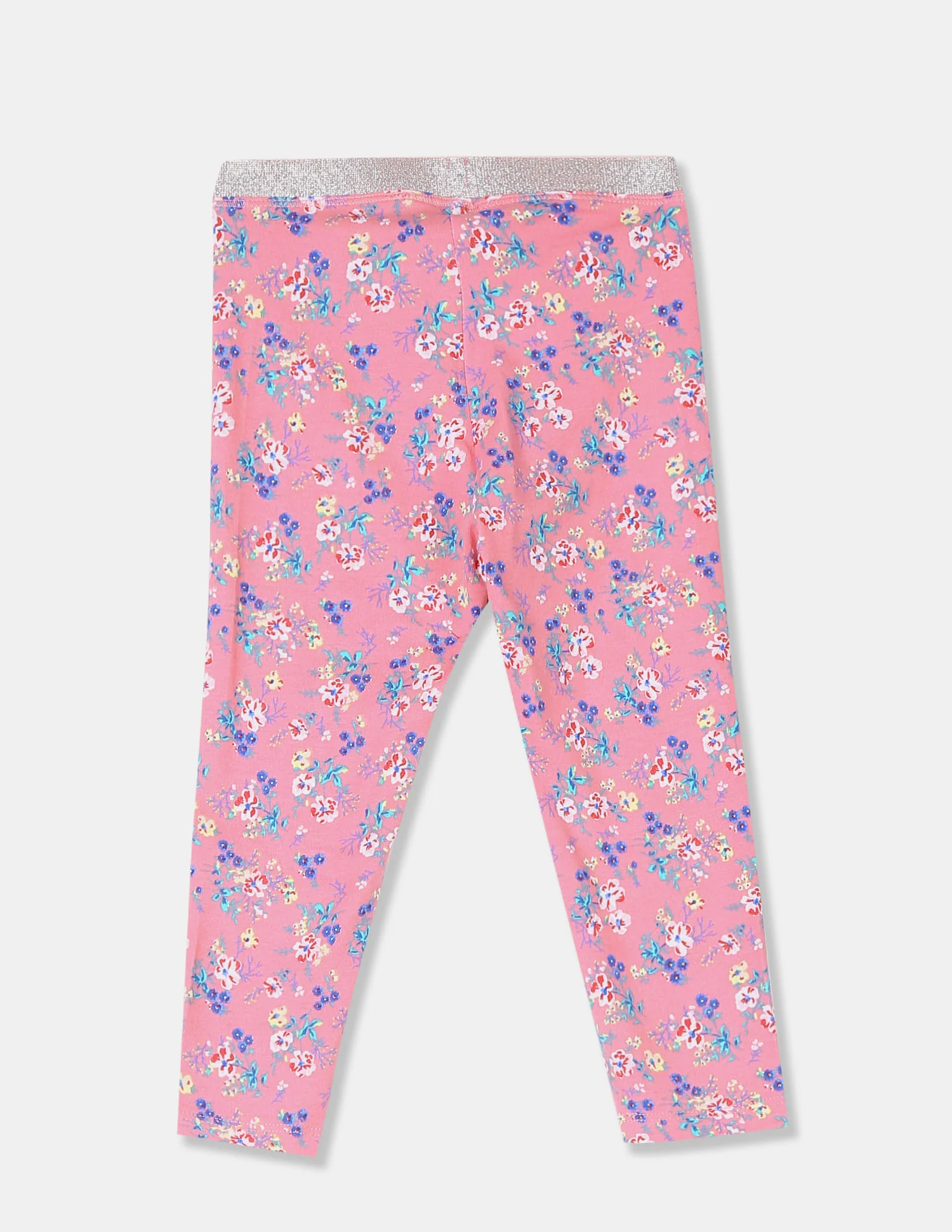 Girls Pink Shimmery Waistband Floral Print Leggings - Image 2