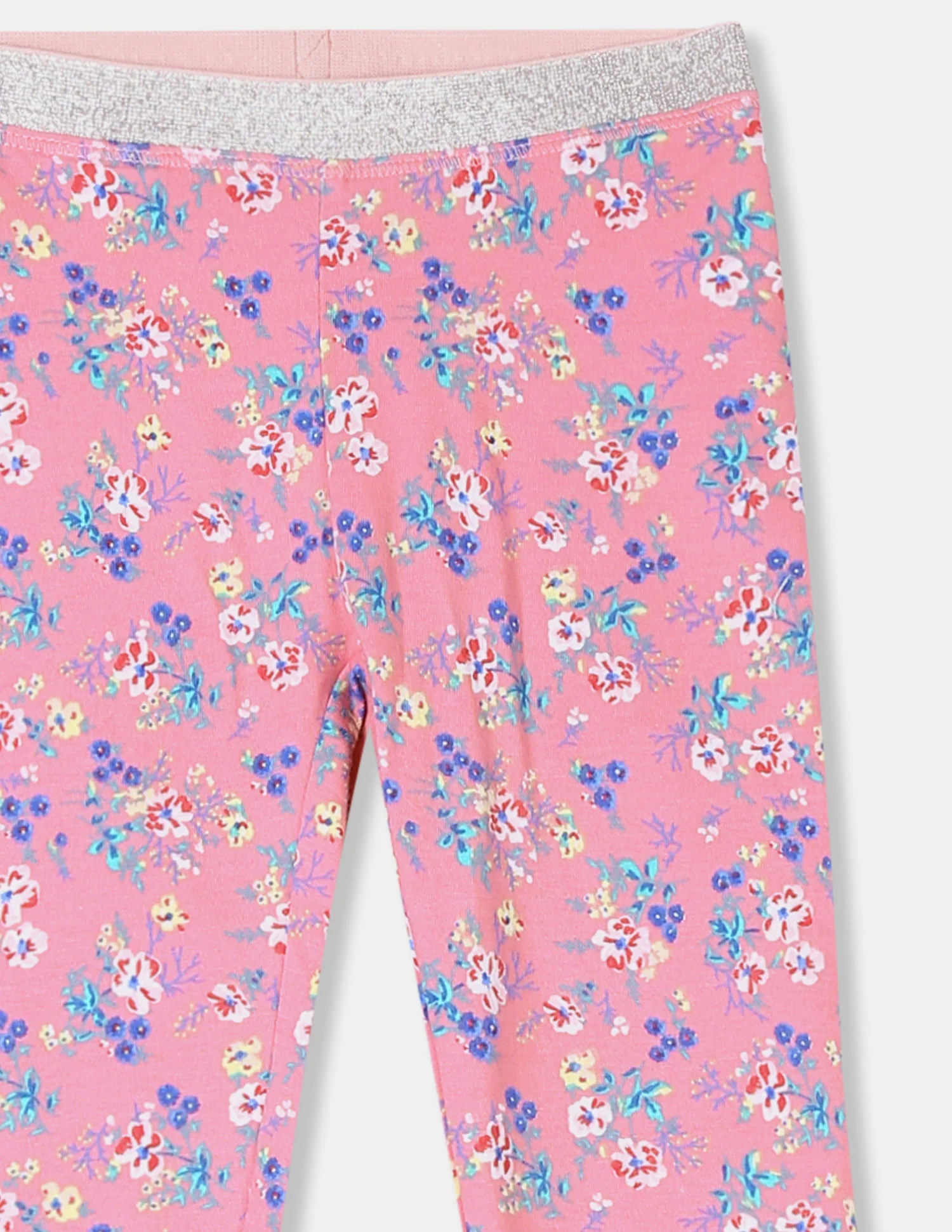 Girls Pink Shimmery Waistband Floral Print Leggings - Image 3
