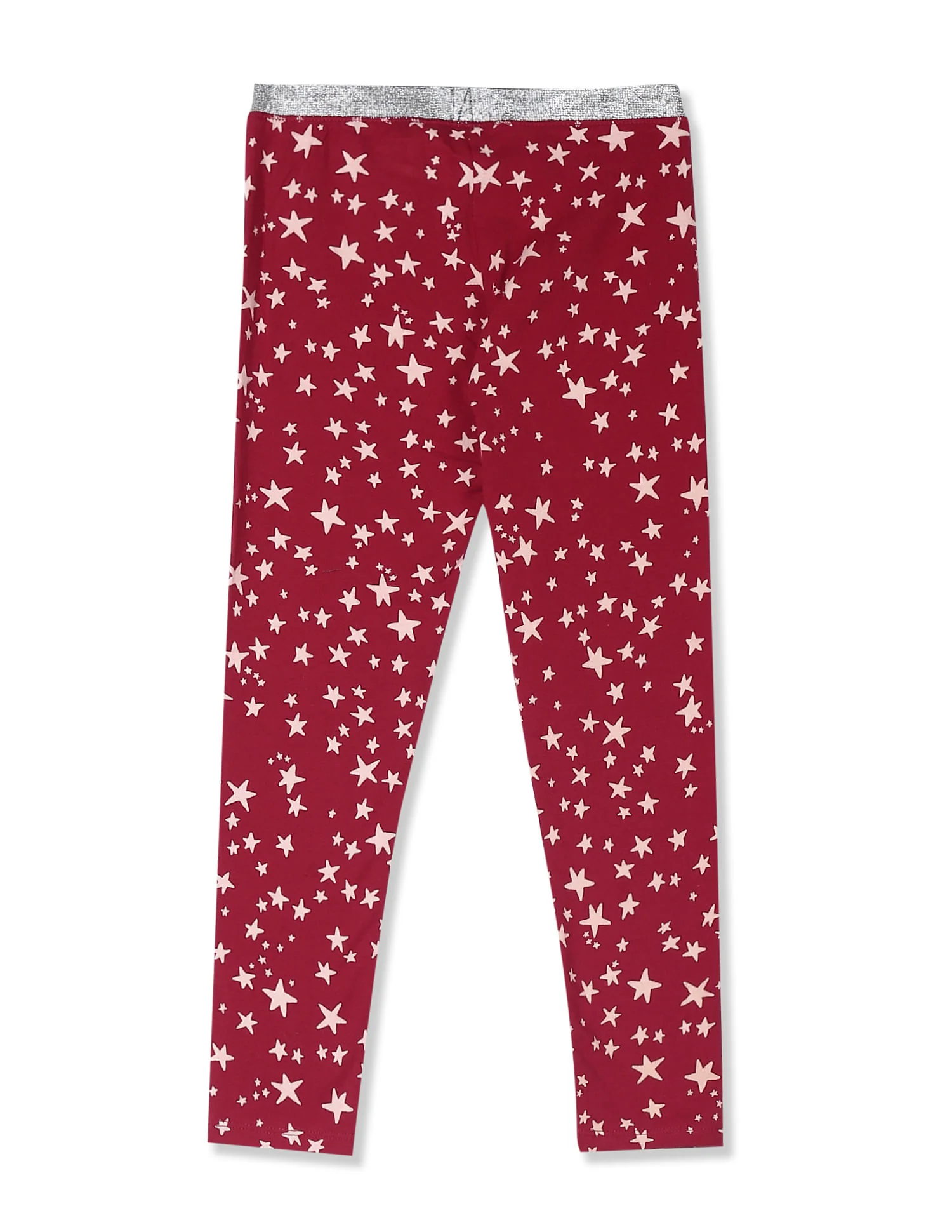 Girls Red Shimmery Waistband Star Print Leggings - Image 2