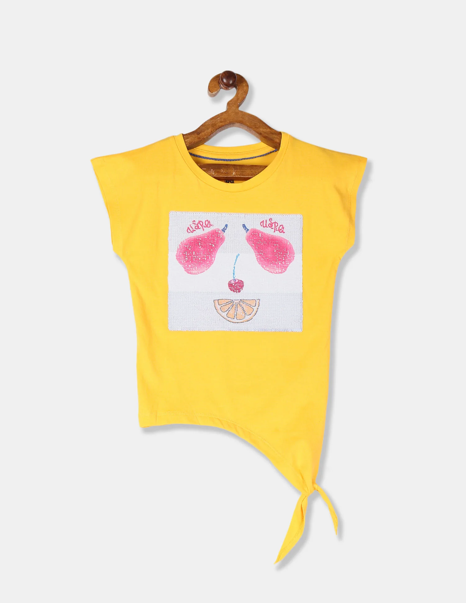 Girls Yellow Flippy Sequin Embellished Tie Up Hem T-Shirt - Image 2