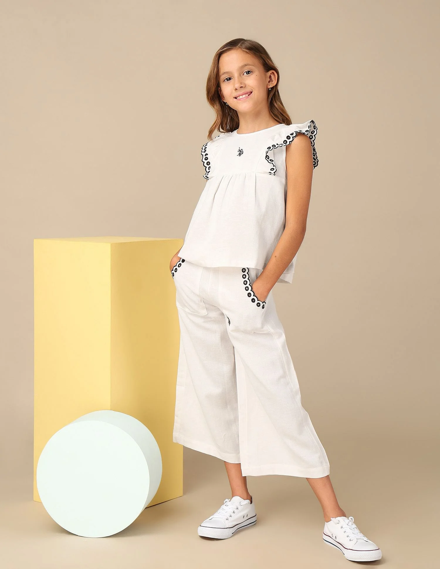 Girls Solid Embroidered Frill Top