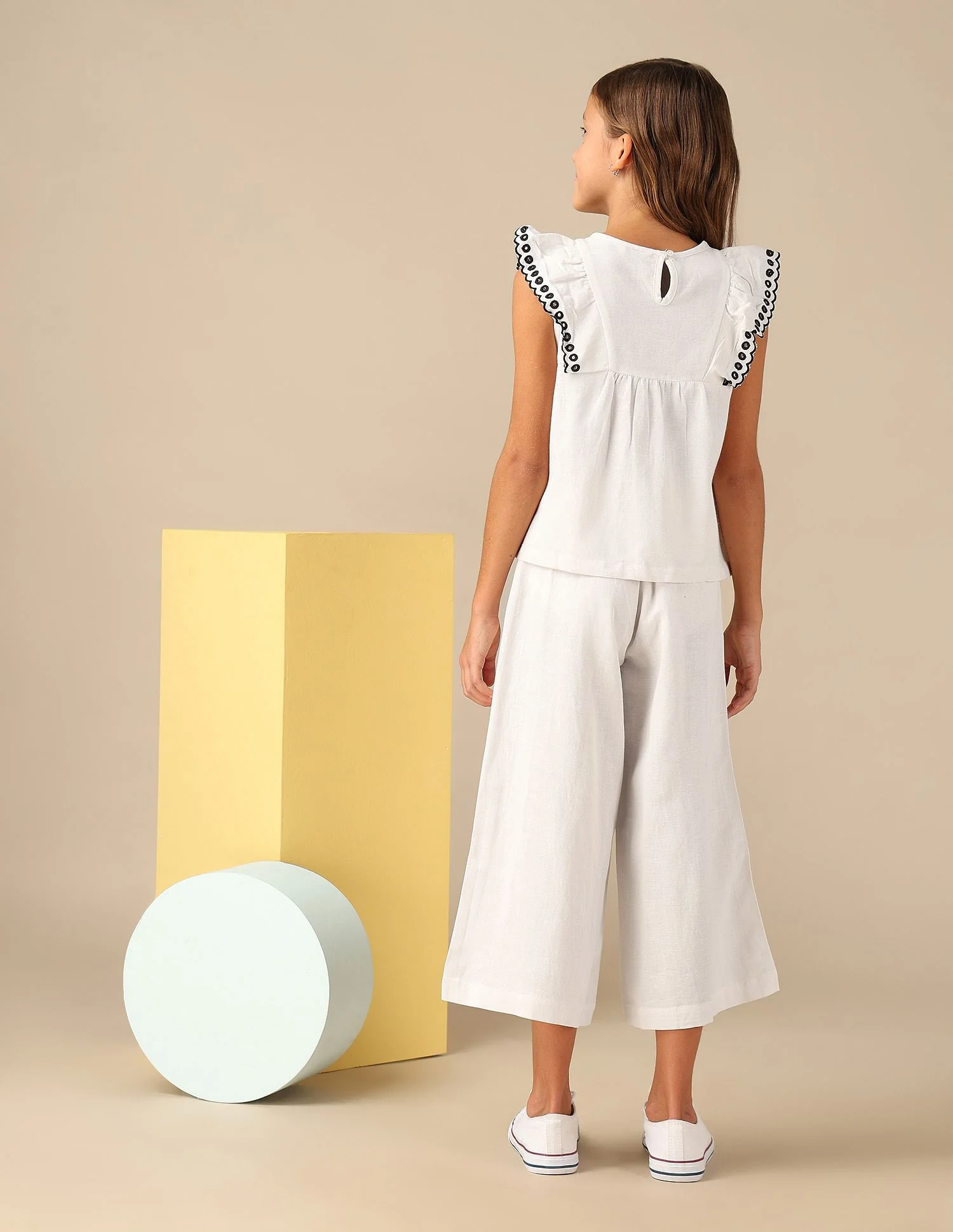 Girls Solid Embroidered Frill Top - Image 3
