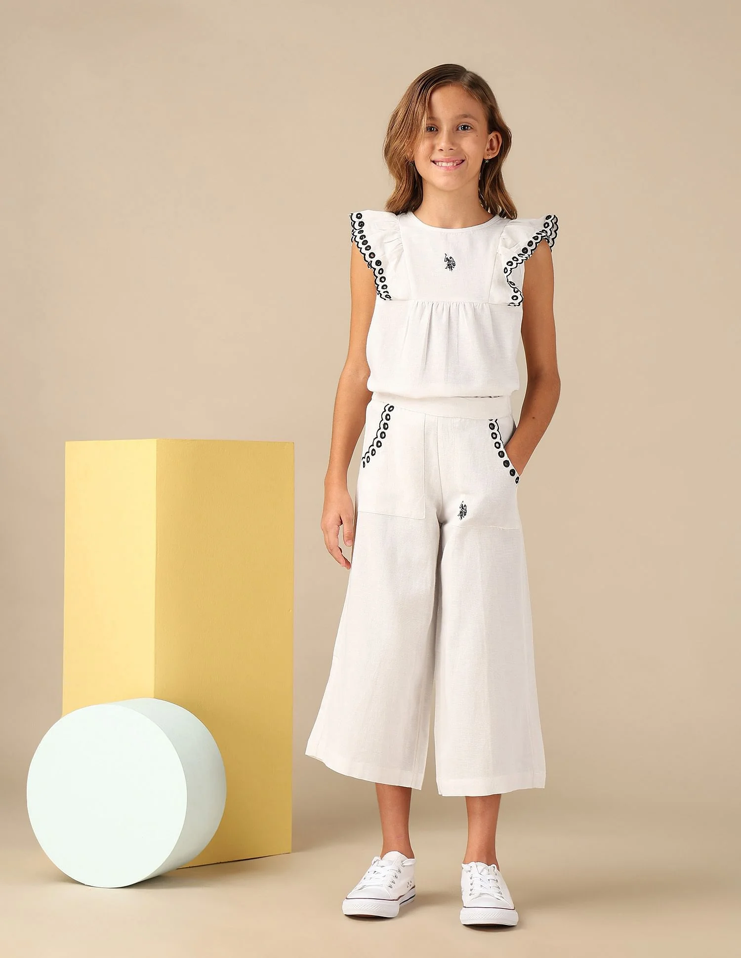 Girls Wide Leg Embroidered Trousers - Image 4